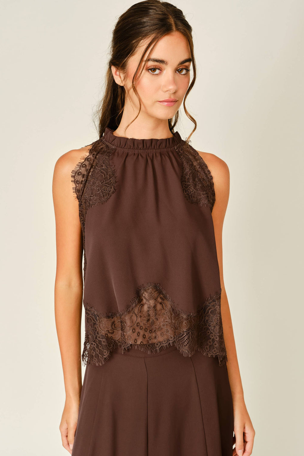 Women's Lace Trim Ruffle Neck Top - Brown