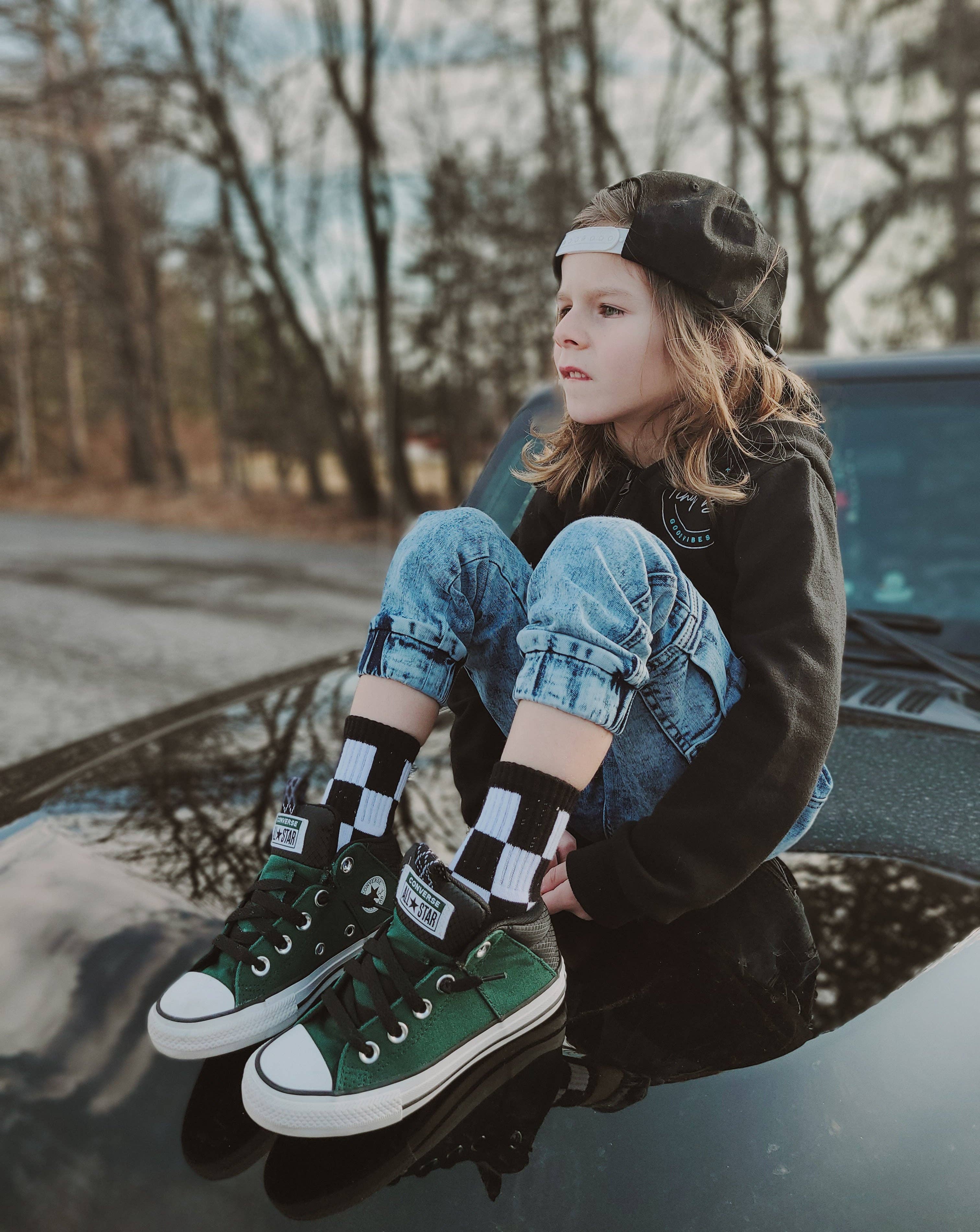 Kickin it up Socks - Black + White Checker