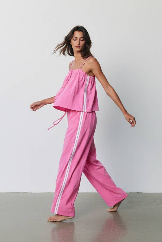 Women's Solid Cotton Camisole & Wide-Leg Pant Set - Pink