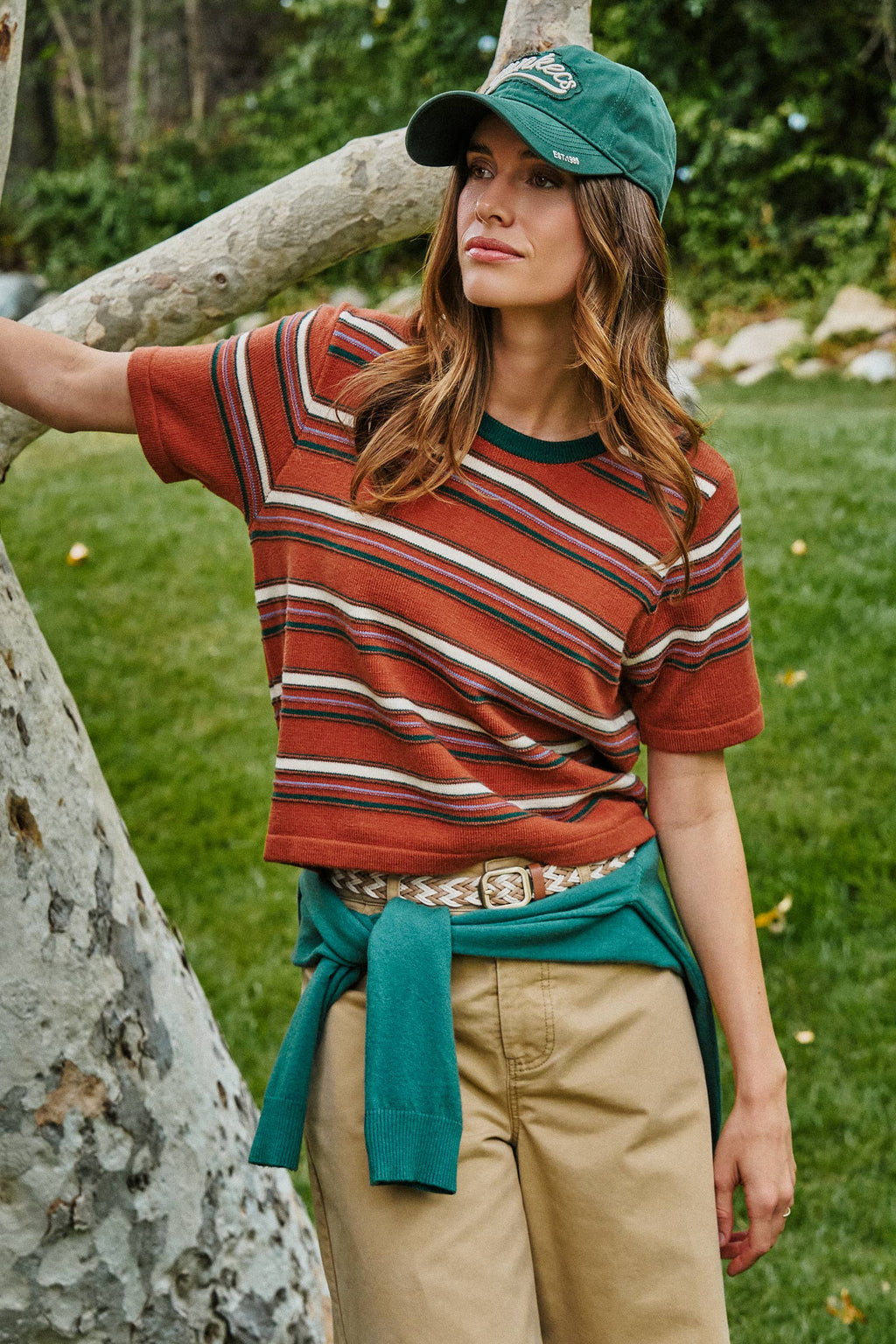 Women’s Striped Knit Ringer Tee With Crew Neck - Rust