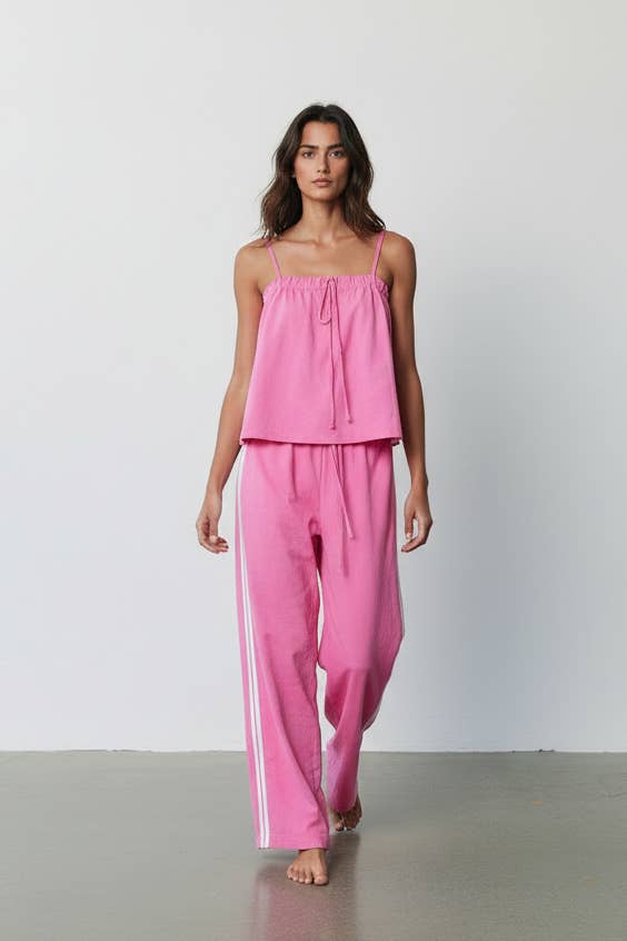 Women's Solid Cotton Camisole & Wide-Leg Pant Set - Pink