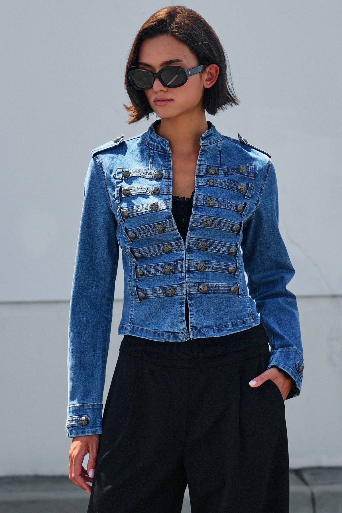 Women's Military Double-Button Denim Jean Jacket