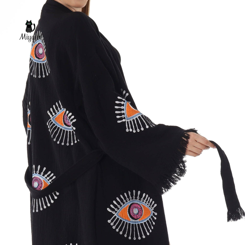 Handmade Organic Cotton Kimono Robe - Black Evil Eye