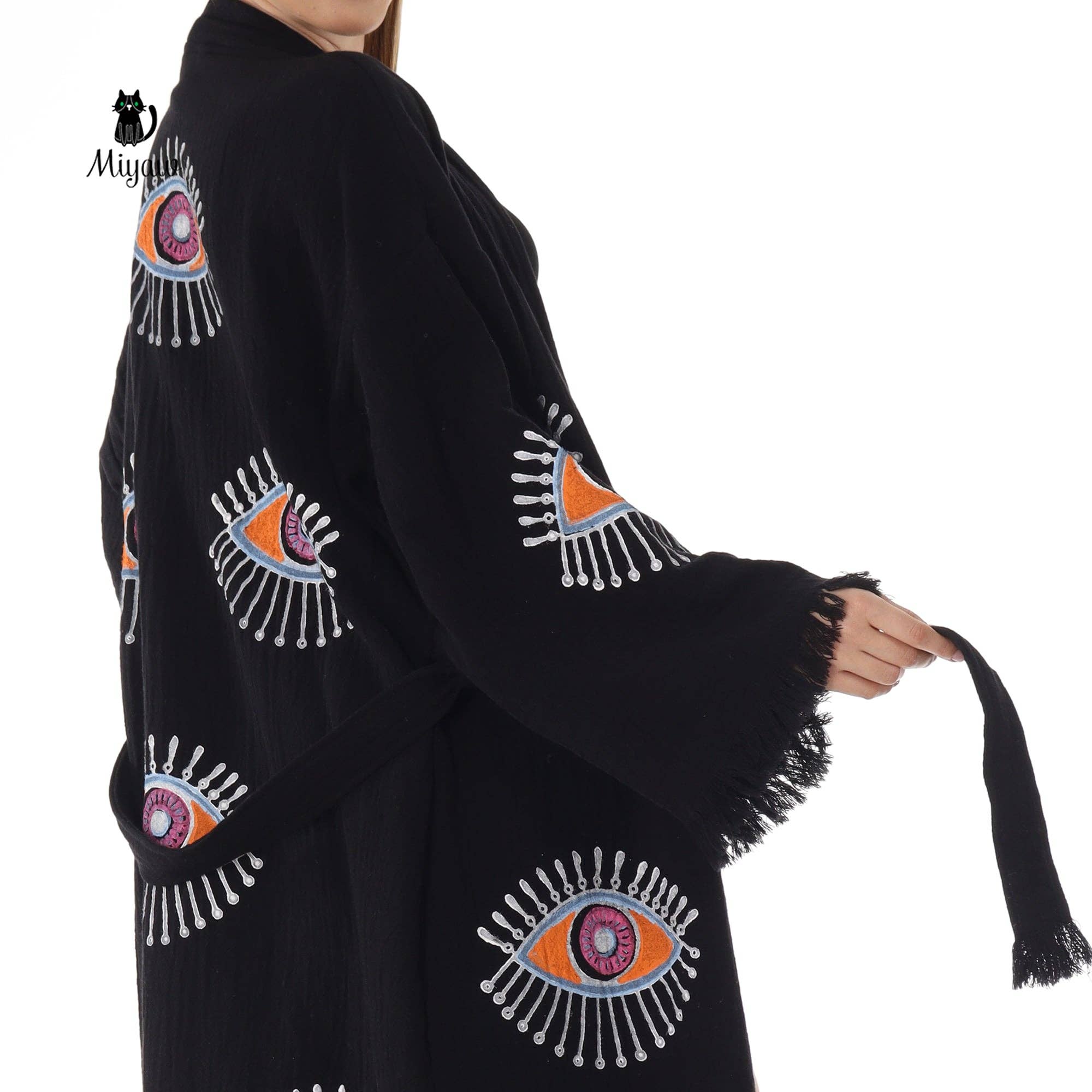 Handmade Organic Cotton Kimono Robe - Black Evil Eye