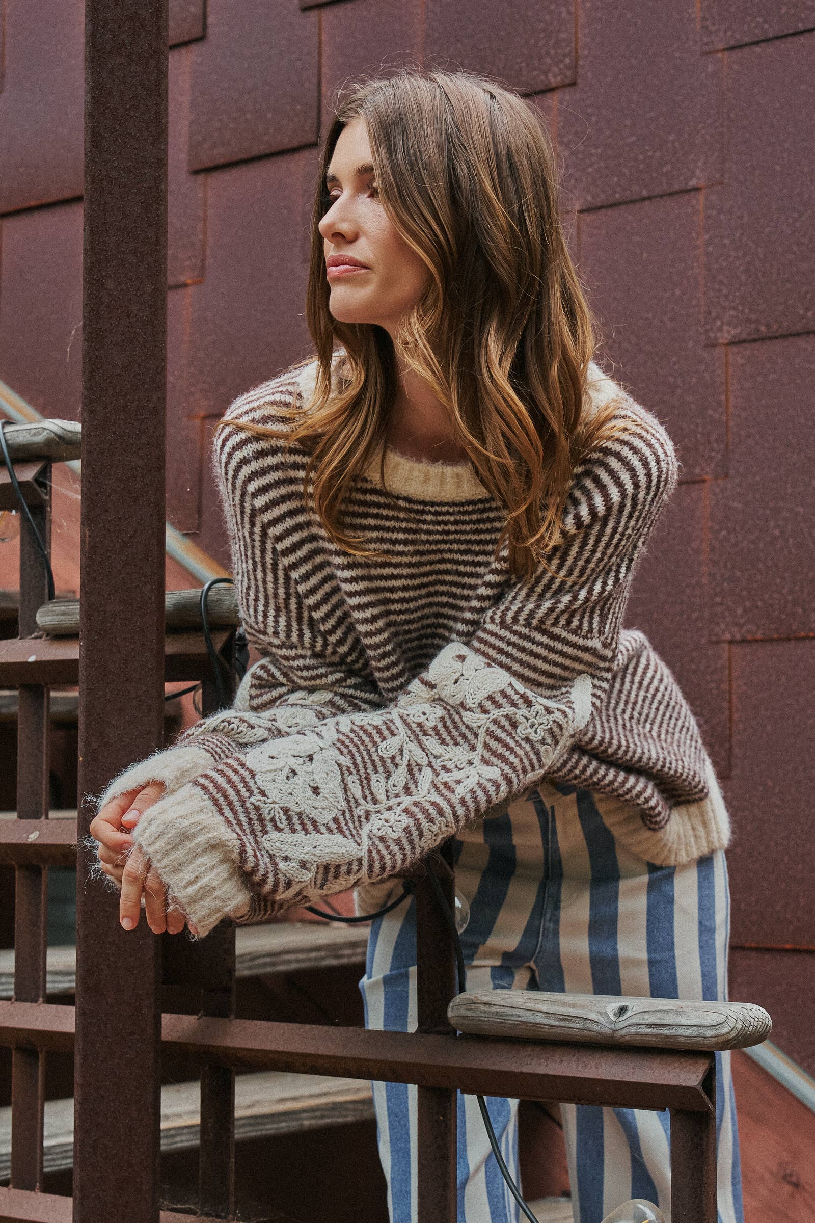 Women's Floral Embroidered Striped Knit Sweater - Brown