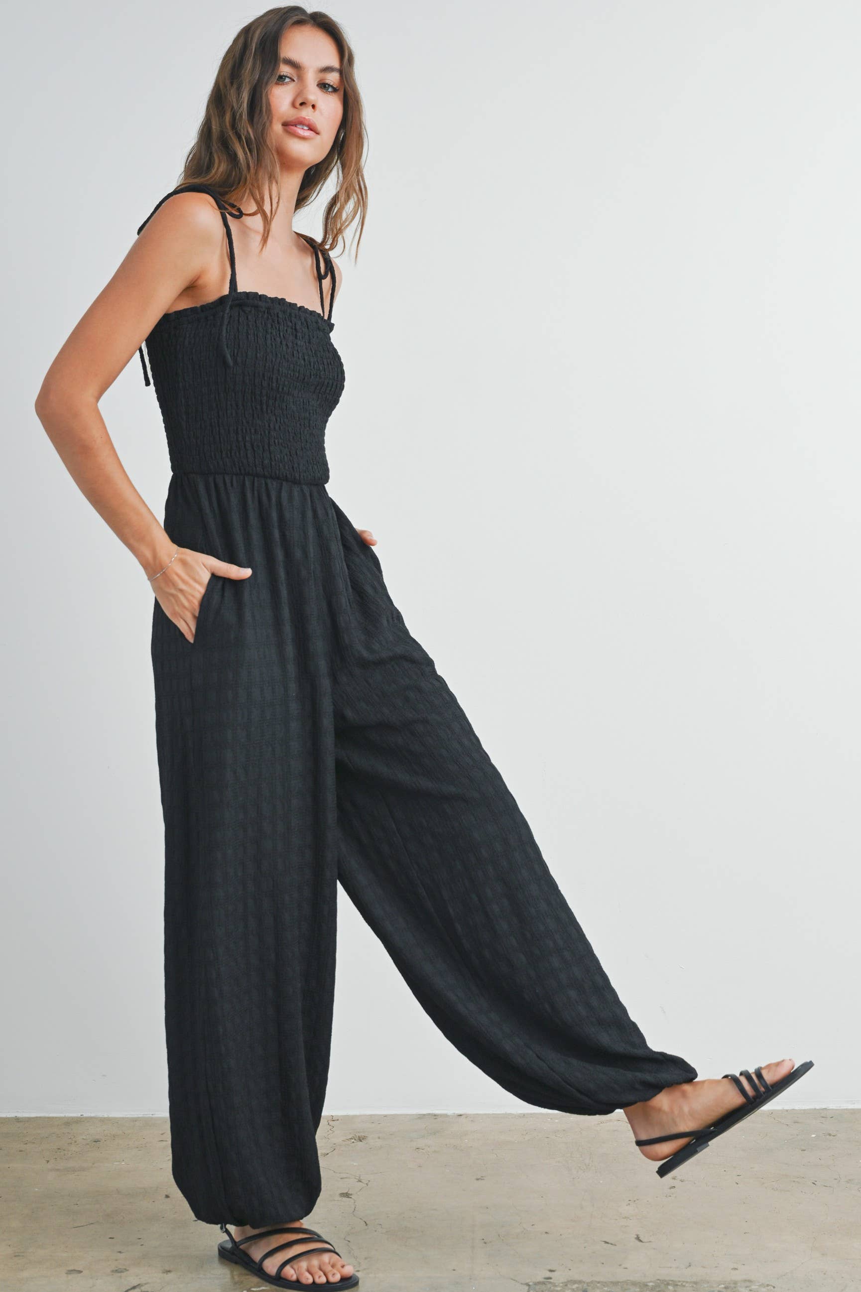 Women's Textured Solid Wide Leg Jumpsuit - Black