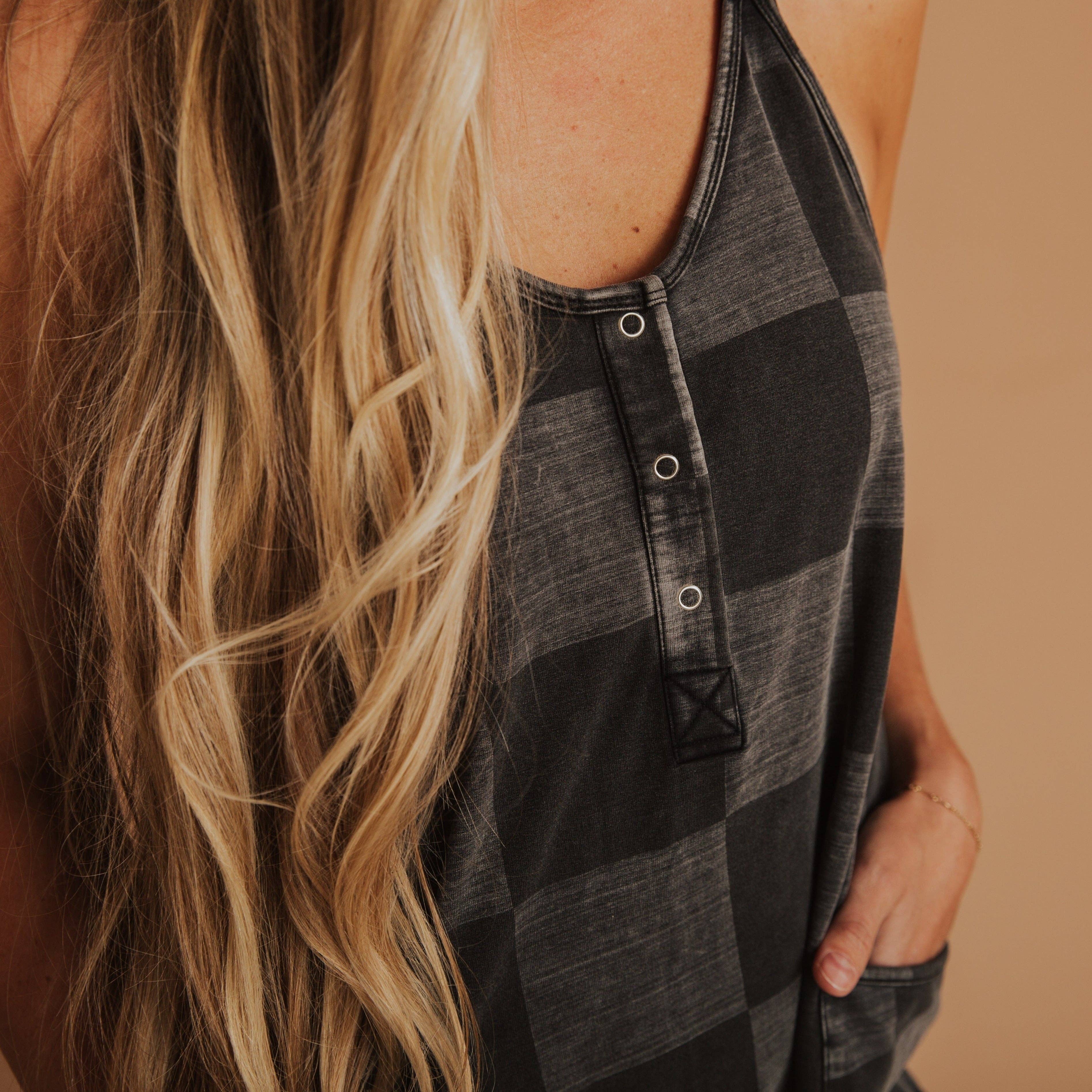 RAGS - Women's Tank Romper - Black Denim Check
