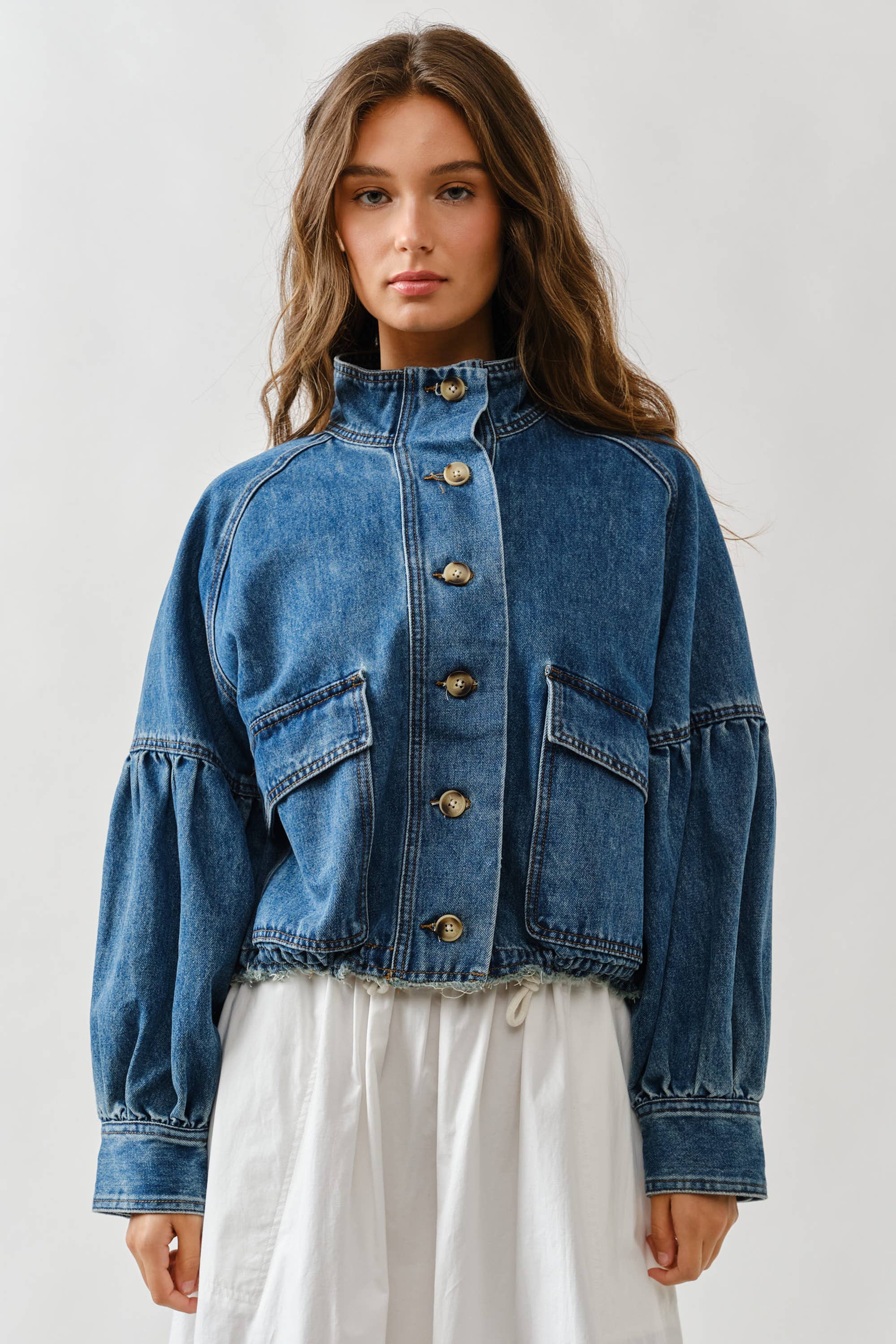 Women's Balloon Sleeve Twill Denim Jacket