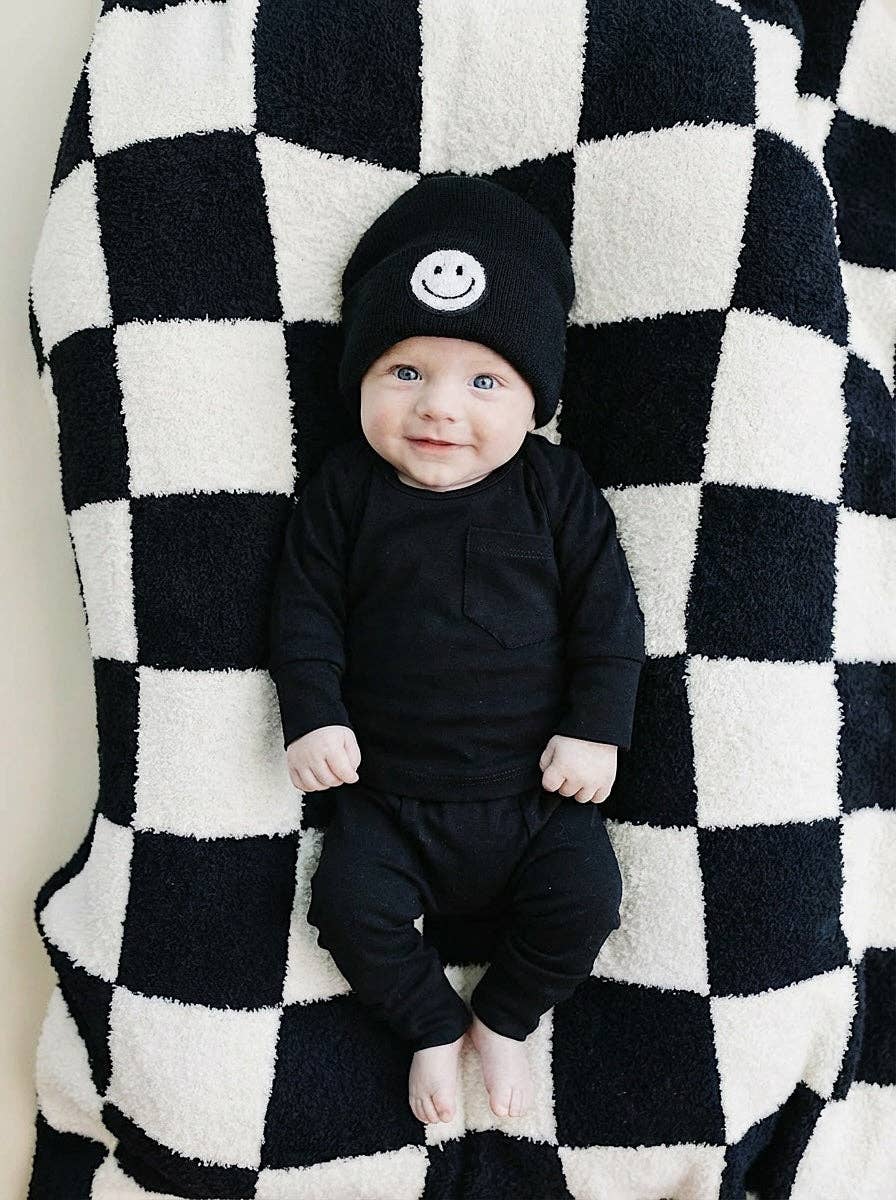 Lucky Panda Kids Baby Blanket - Checkered Plush Black