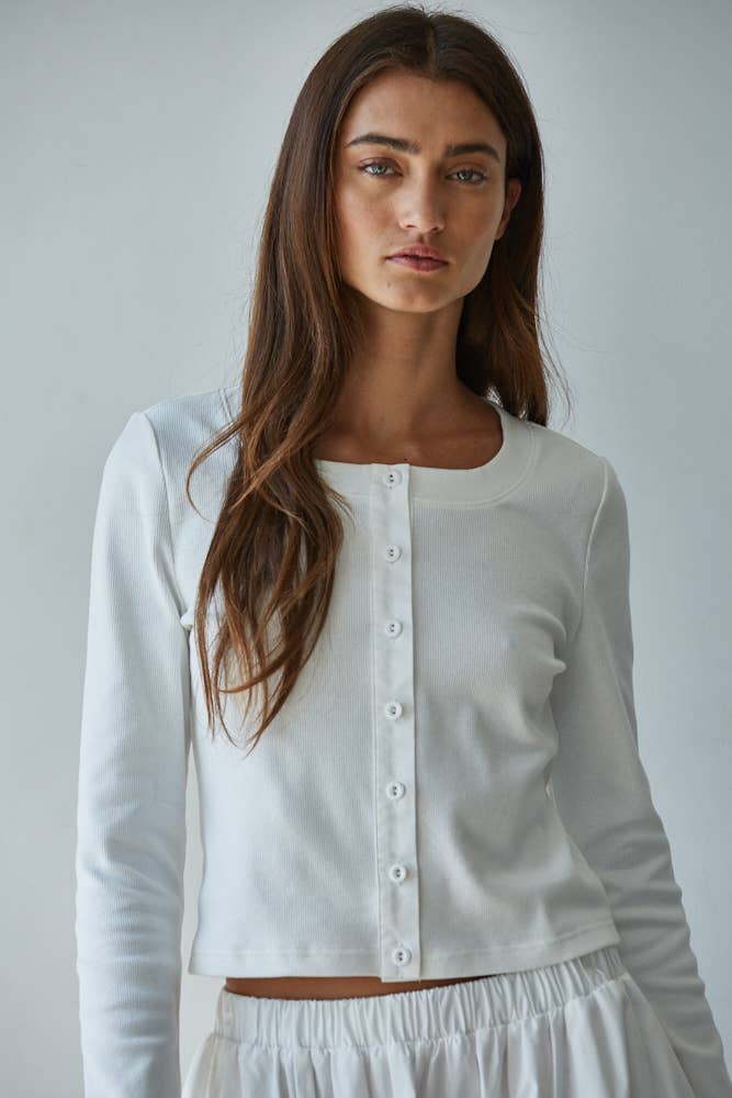 Women's Knit Ribbed 3/4 Sleeve Cardigan - Off White