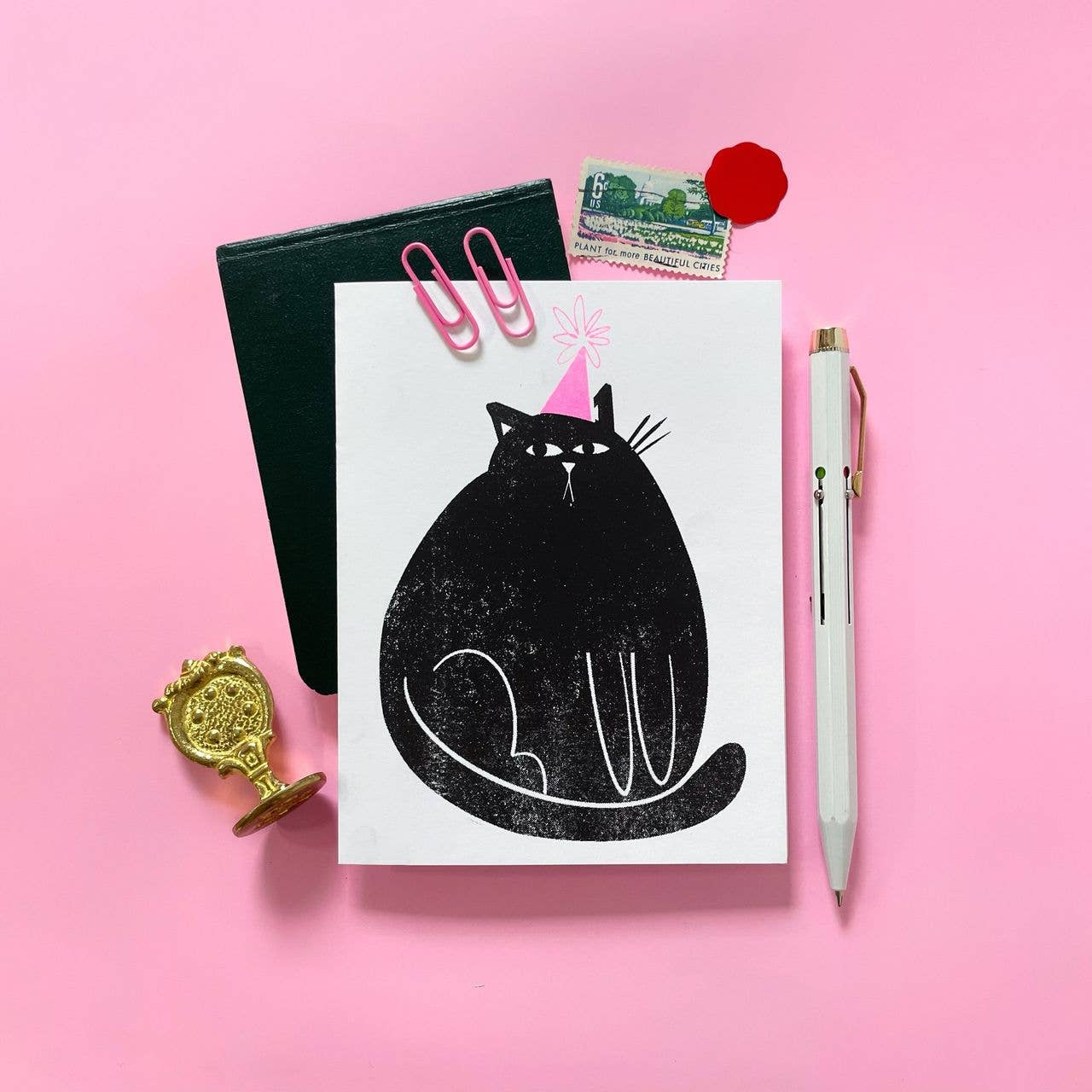 Pier Six Press Risograph Greeting Card - Party Cat Birthday
