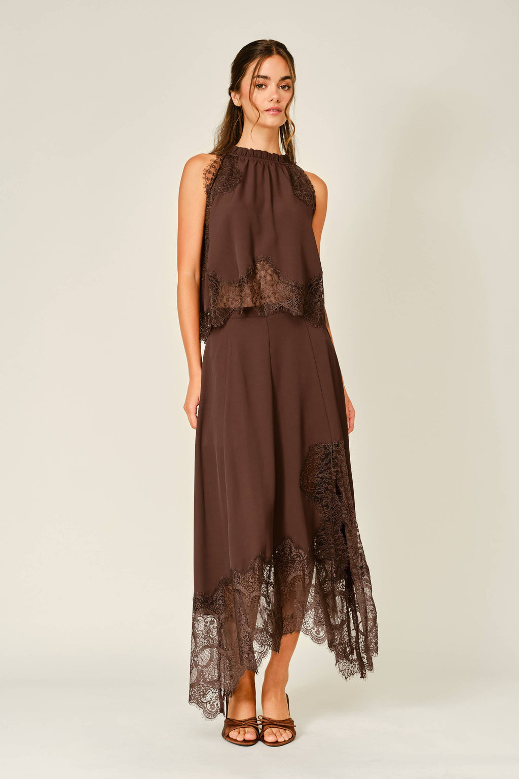 Women's Lace Midi Skirt - Brown