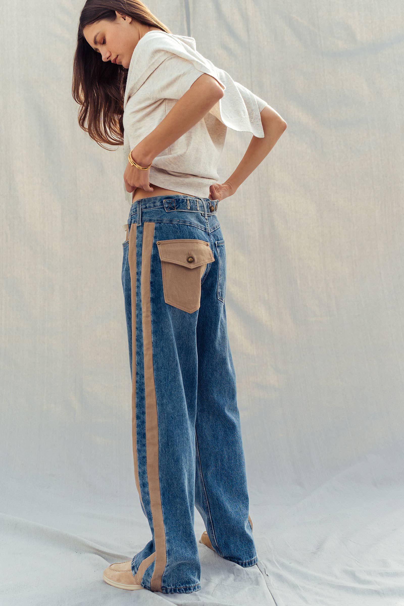 Women's Wide-Leg Utility Stripe Jeans - Denim Taupe