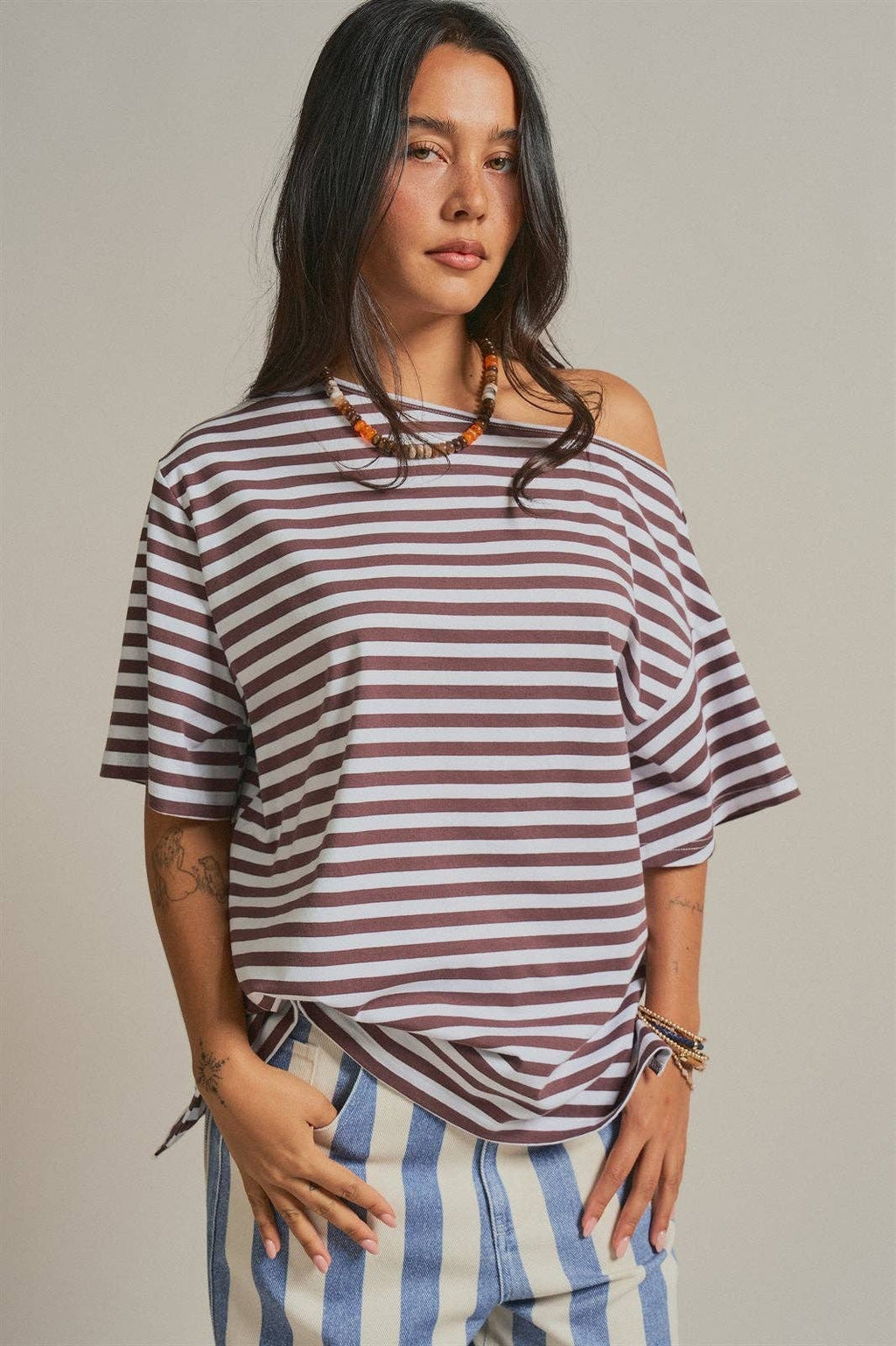Women's Off-Shoulder Boxy Tee - Brown Stripe