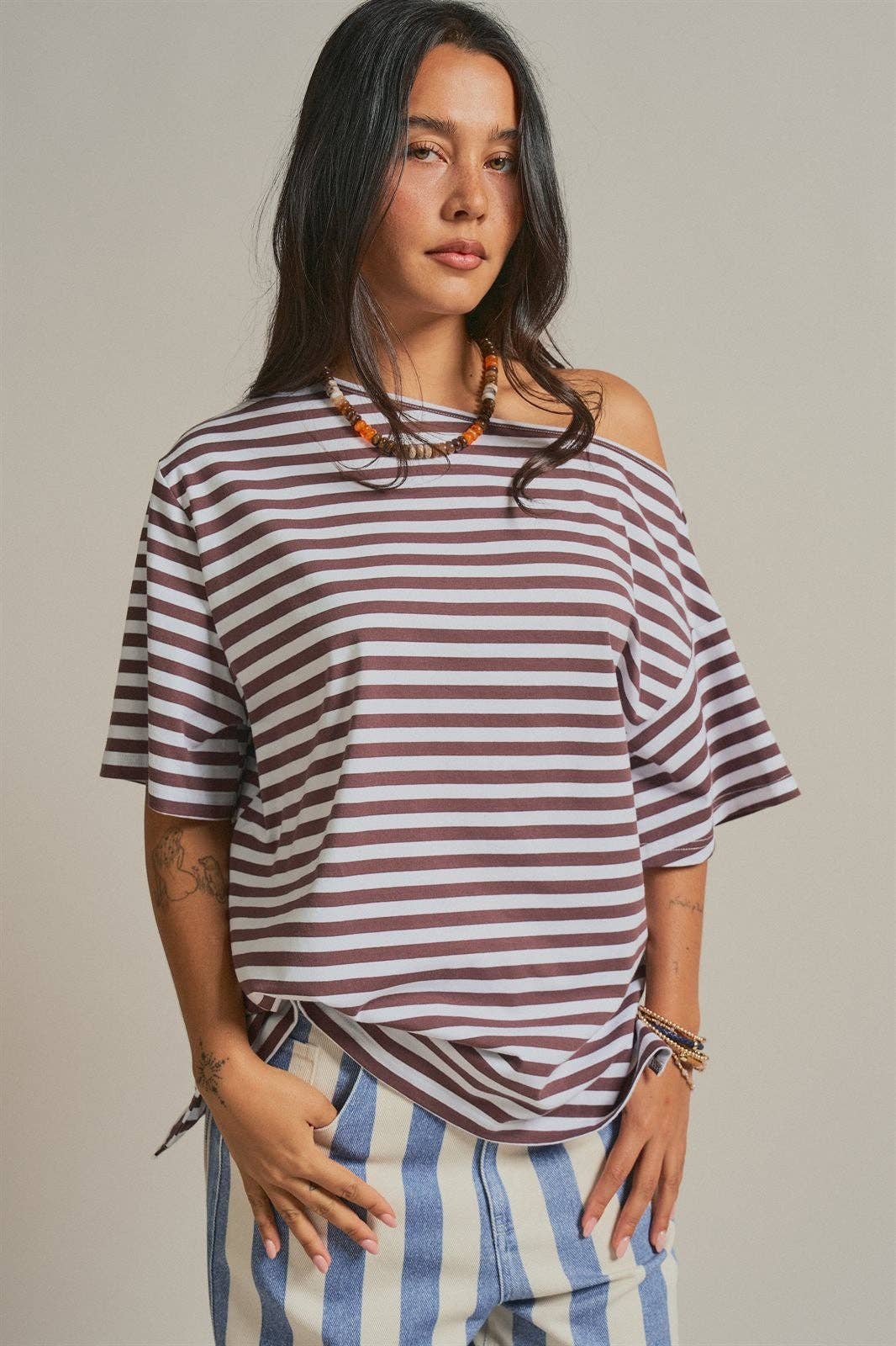 Women's Off-Shoulder Boxy Tee - Brown Stripe