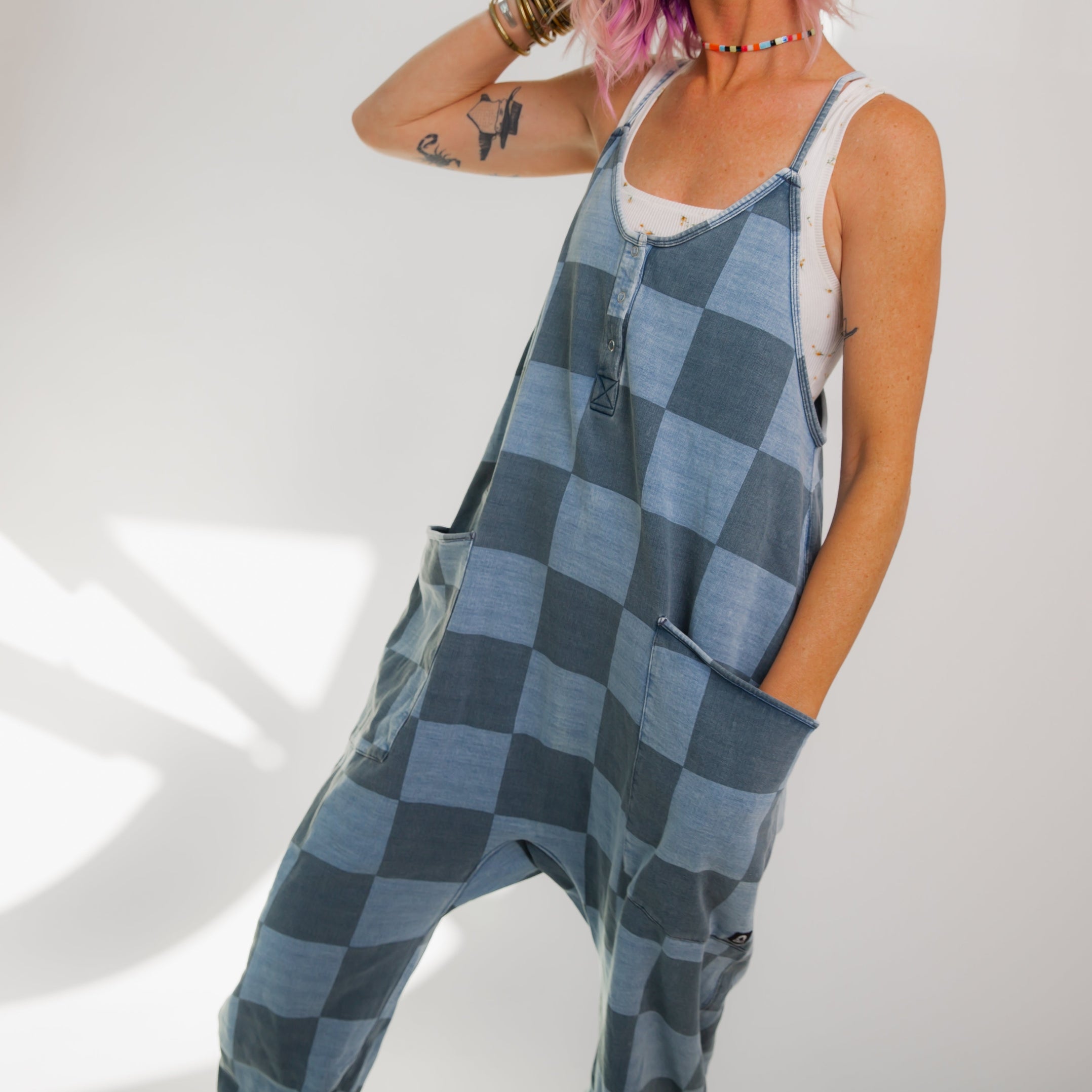 RAGS - Women's Tank Romper - Blue Denim Check