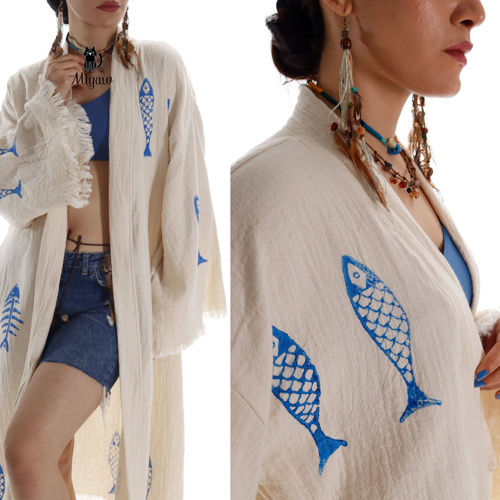 Handmade Organic Cotton Kimono Robe - Blue Fish