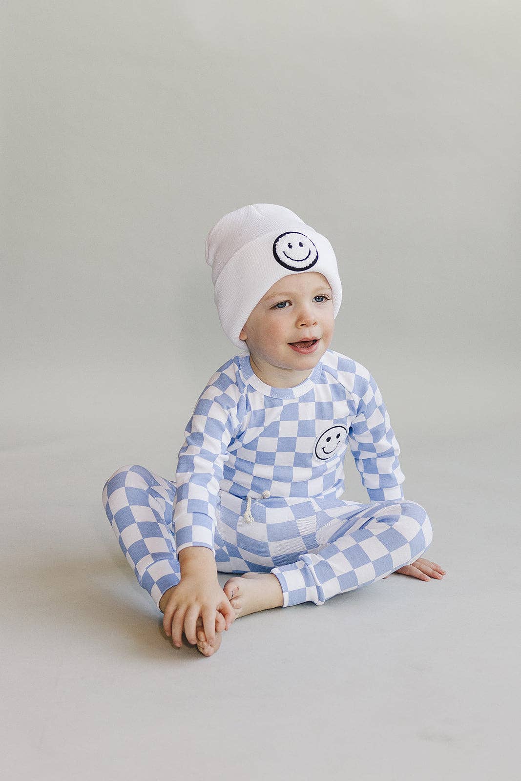 Lucky Panda Kids Lounge Set - Blue Checkered Smiley
