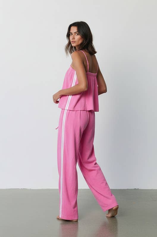 Women's Solid Cotton Camisole & Wide-Leg Pant Set - Pink