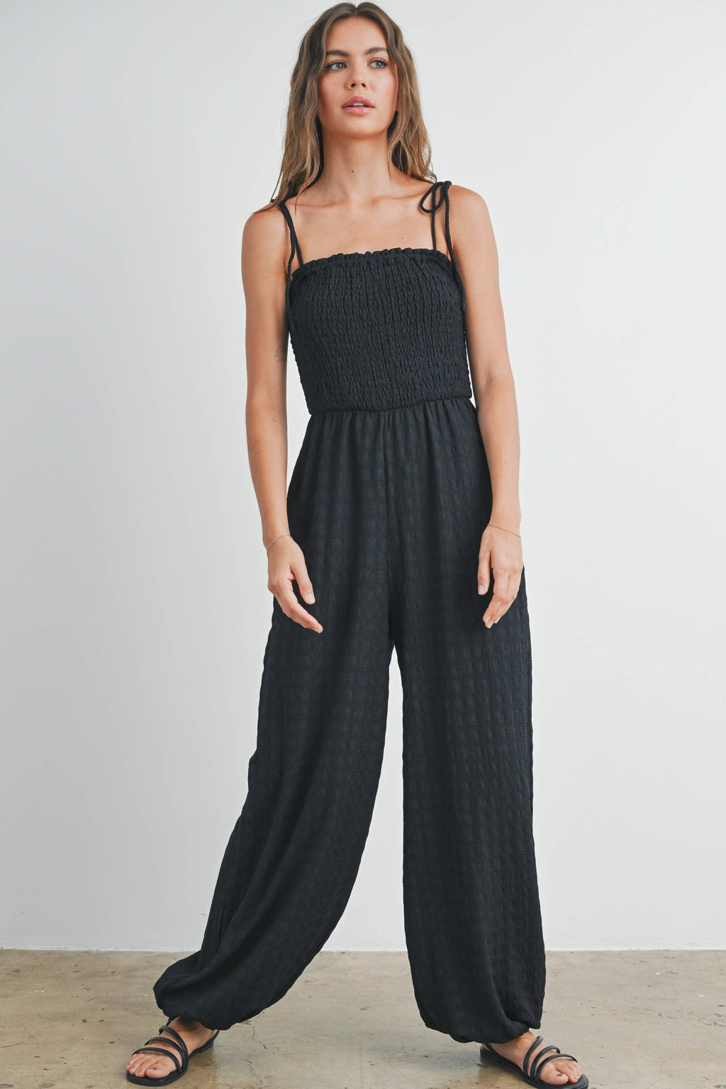 Women's Textured Solid Wide Leg Jumpsuit - Black