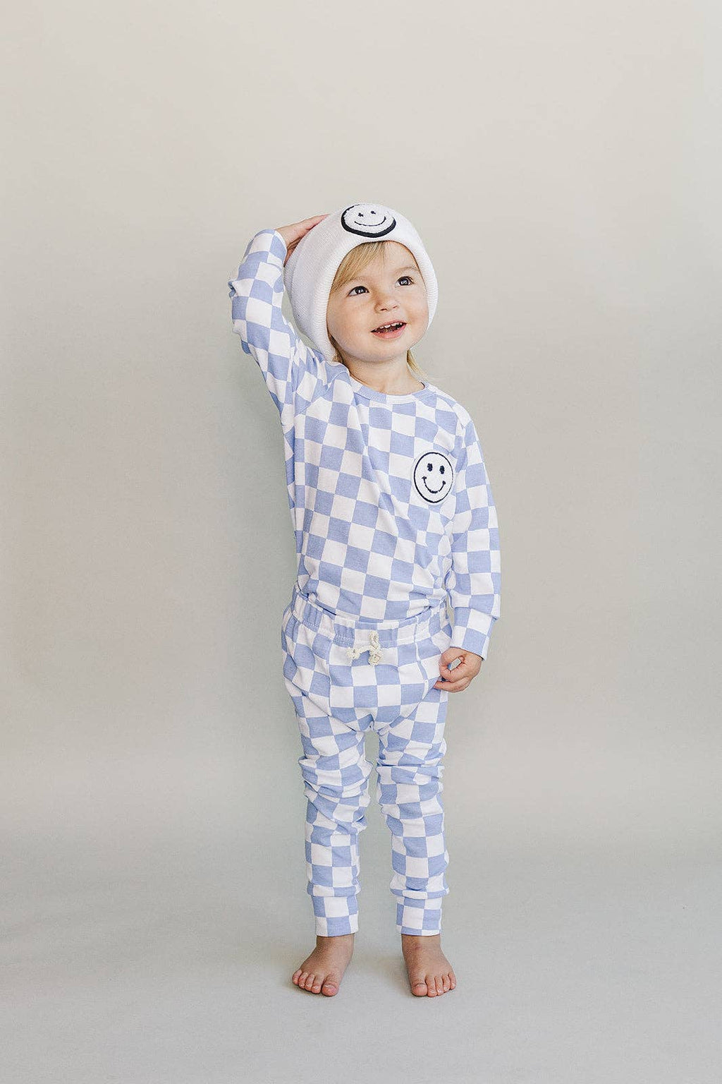 Lucky Panda Kids Lounge Set - Blue Checkered Smiley