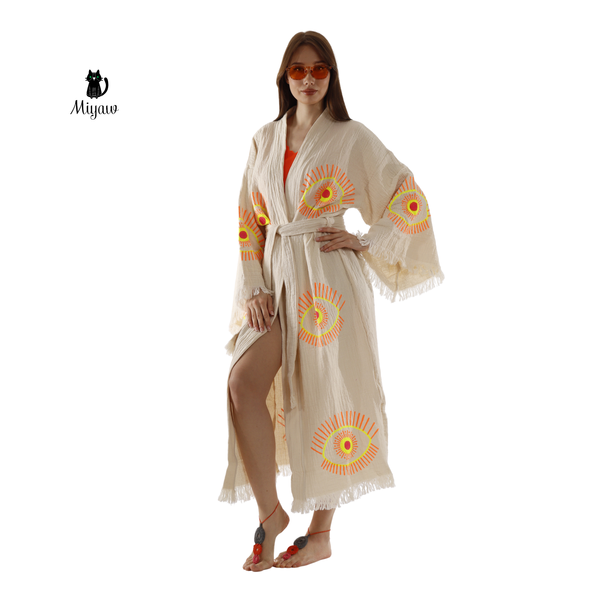 Handmade Organic Cotton Kimono Robe – Beige Evil Eye