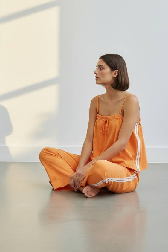 Women's Solid Cotton Camisole & Wide-Leg Pant Set - Orange