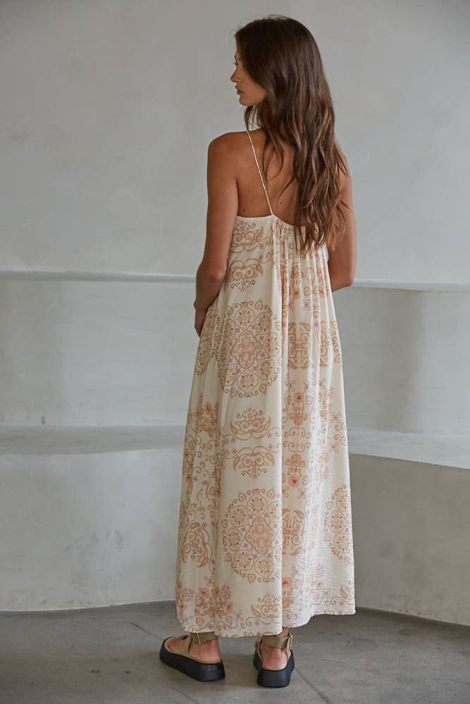 Women's Woven Mandala Floral Print Midi Dress - Cream
