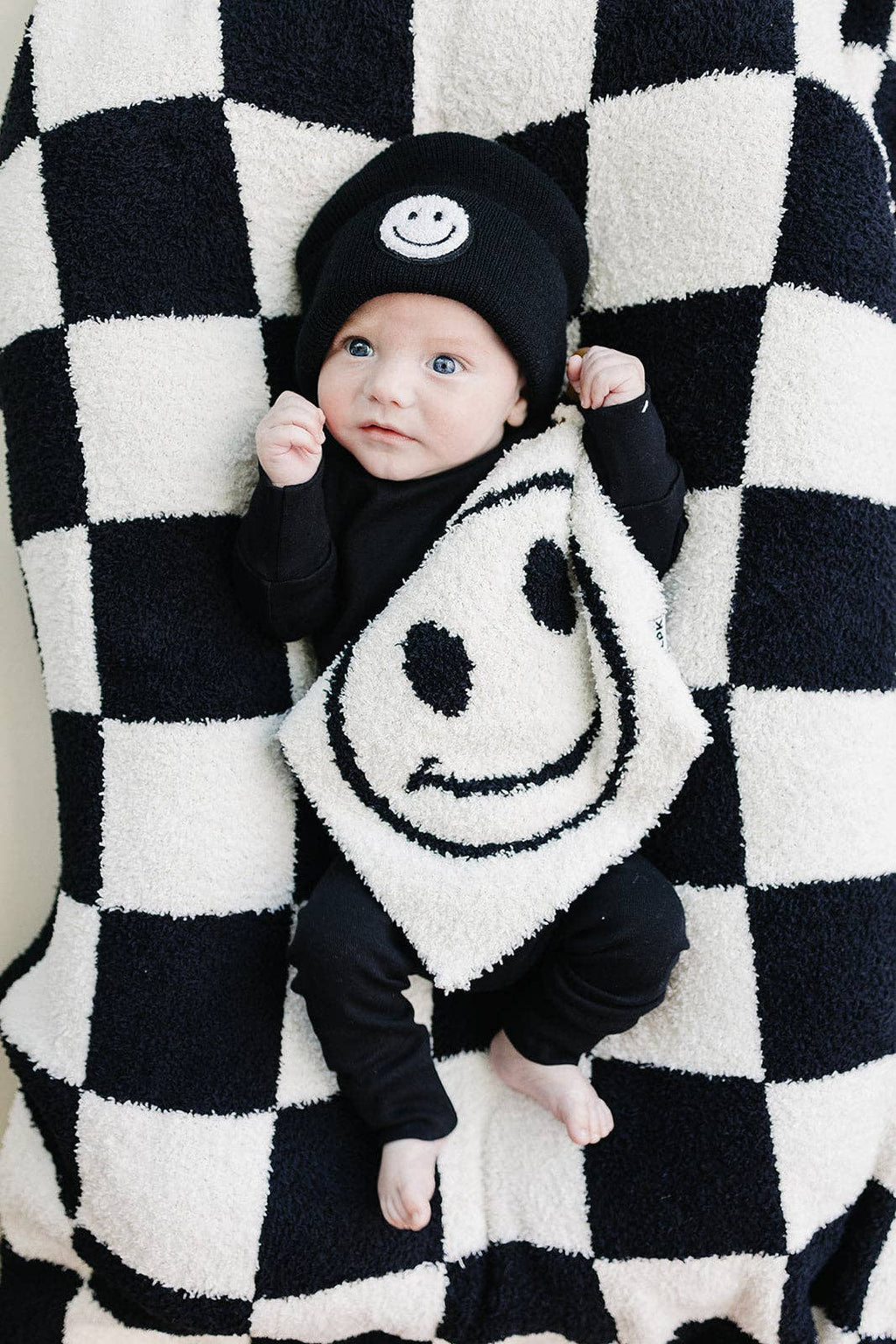 Lucky Panda Kids Baby Blanket - Checkered Plush Black