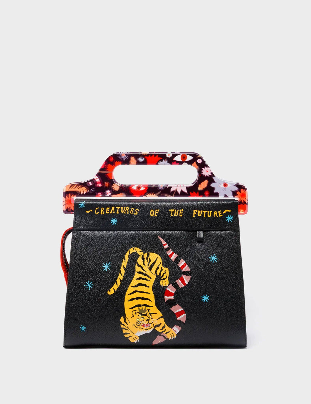 Min & Mon - Vali Black Leather Crossbody Handbag Plastic Handle - Tiger And Snake Print