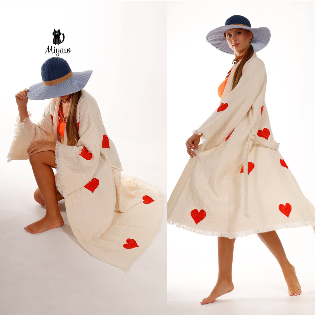 Handmade Organic Cotton Kimono Robe – Hearts