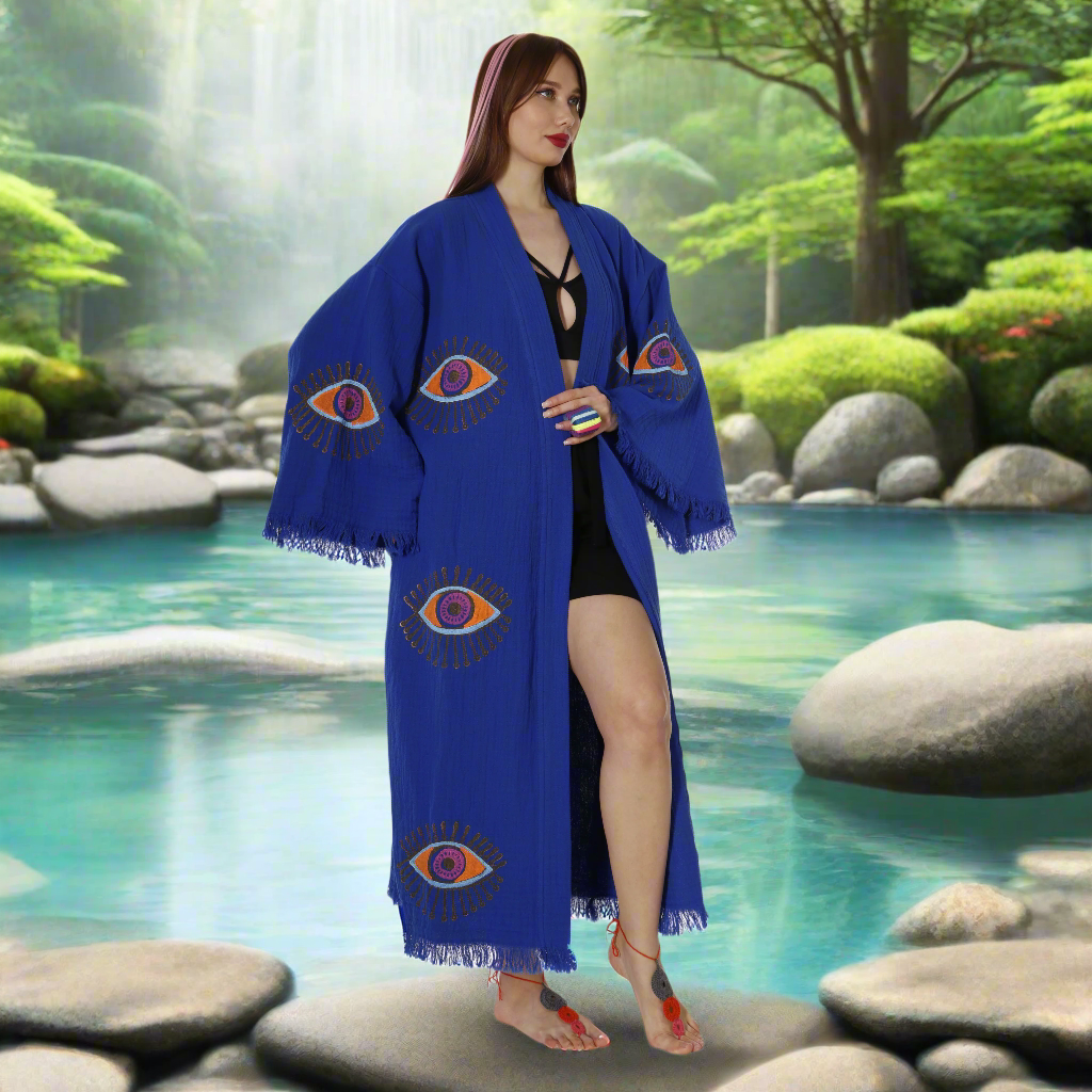 Handmade Organic Cotton Kimono Robe - Blue Protective Eye