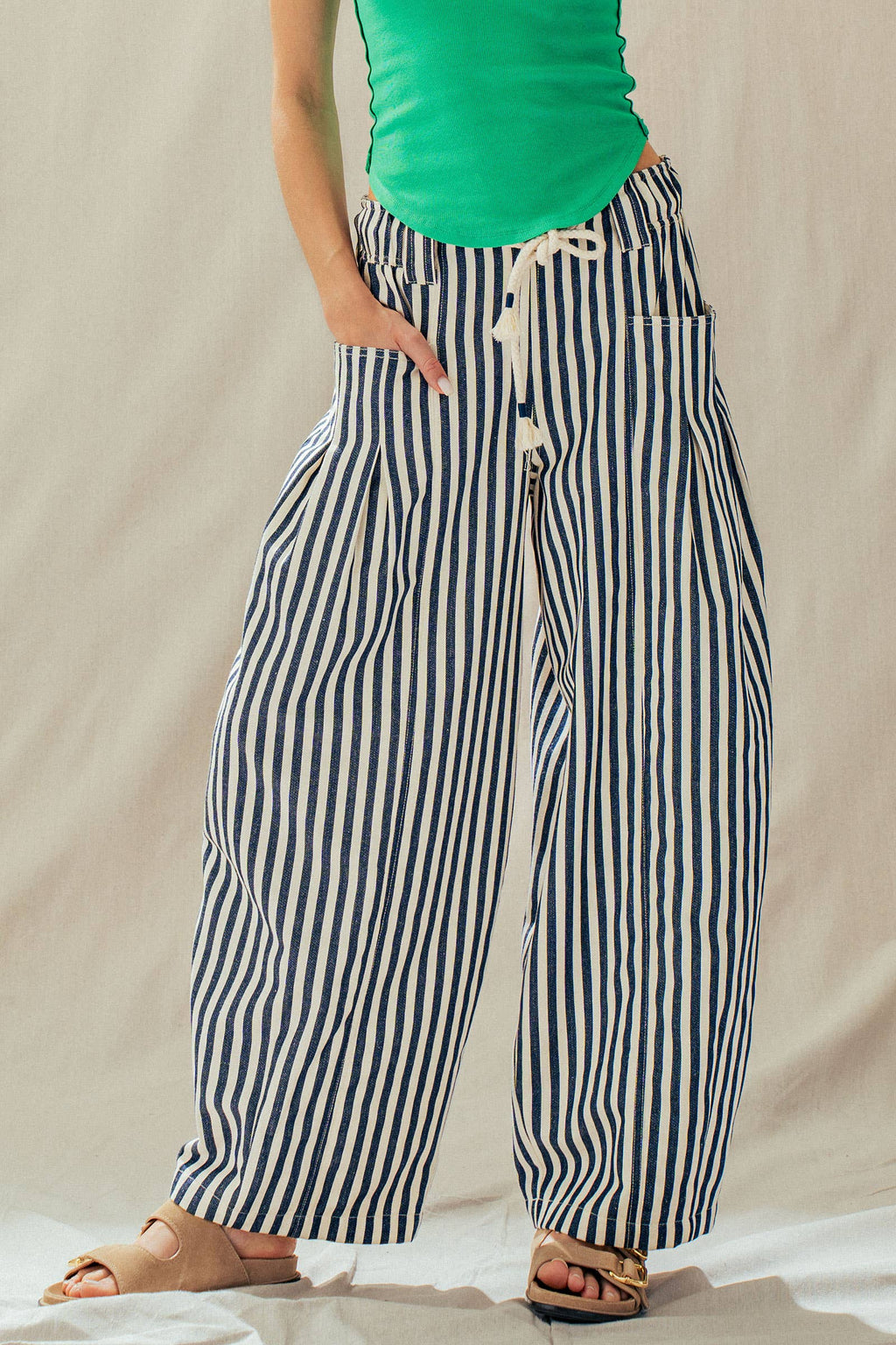 Women's Rope Drawstring Balloon Pants - Navy Stripe