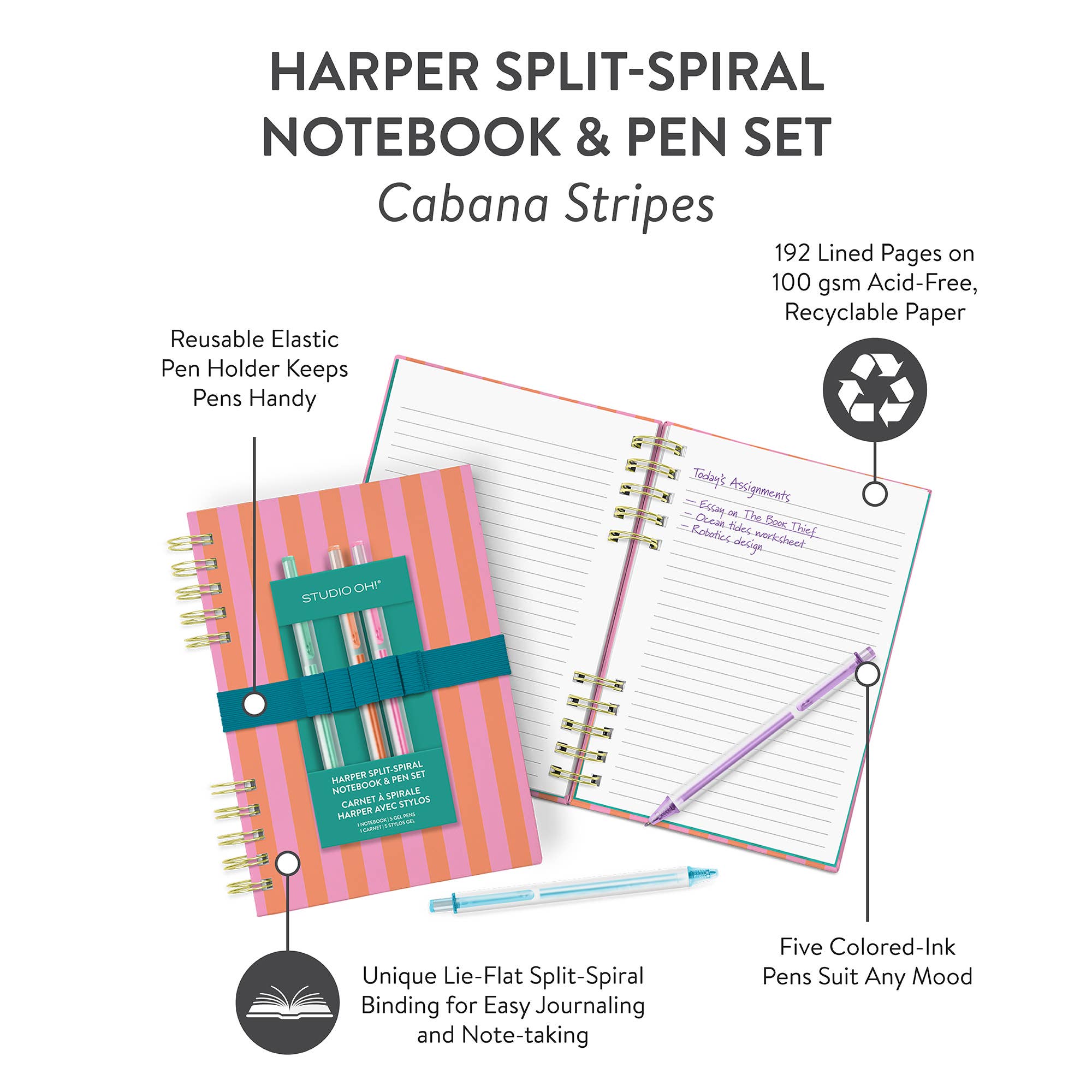 Studio Oh! - Cabana Stripes Harper Split-Spiral Notebook & Pen Set