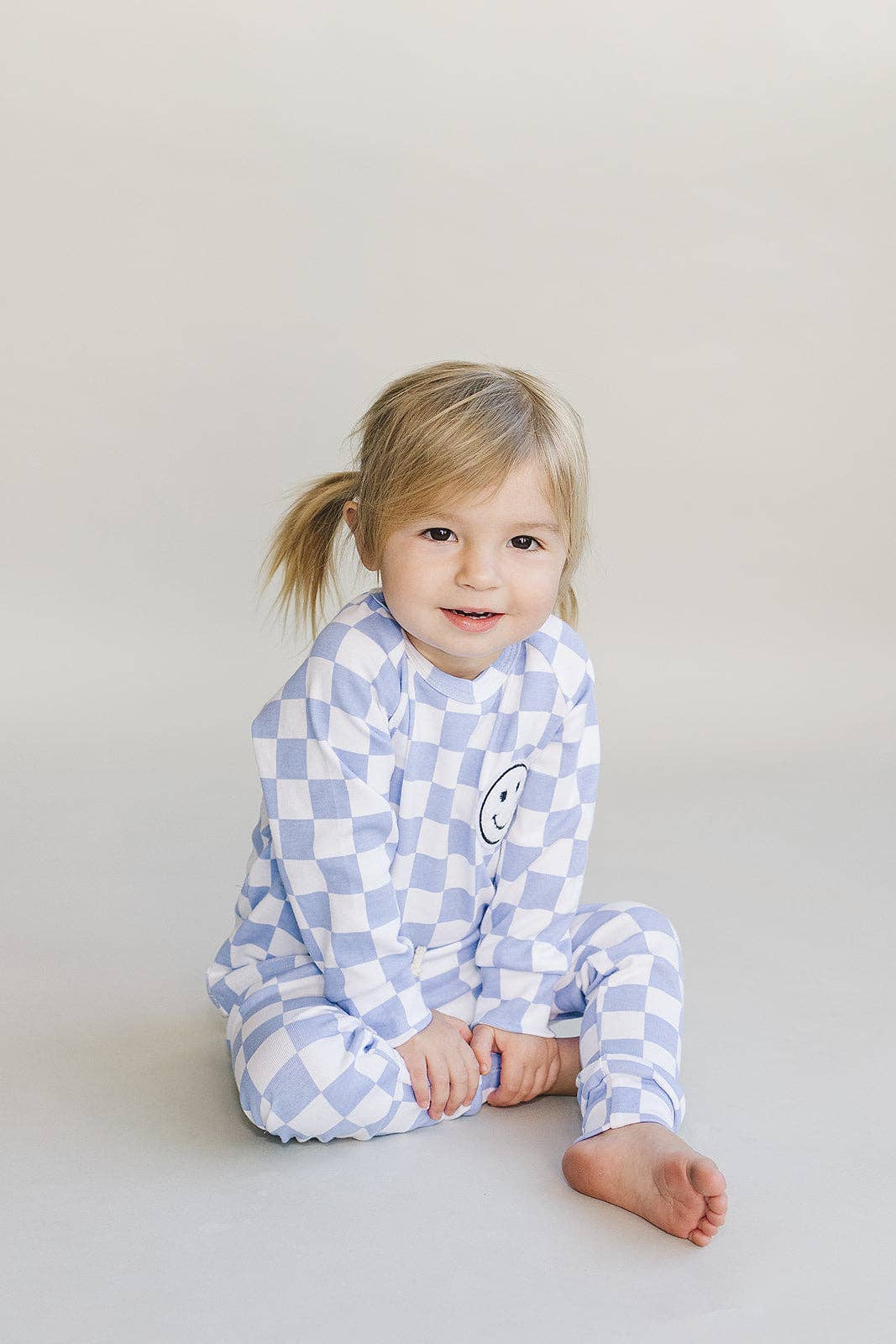 Lucky Panda Kids Lounge Set - Blue Checkered Smiley