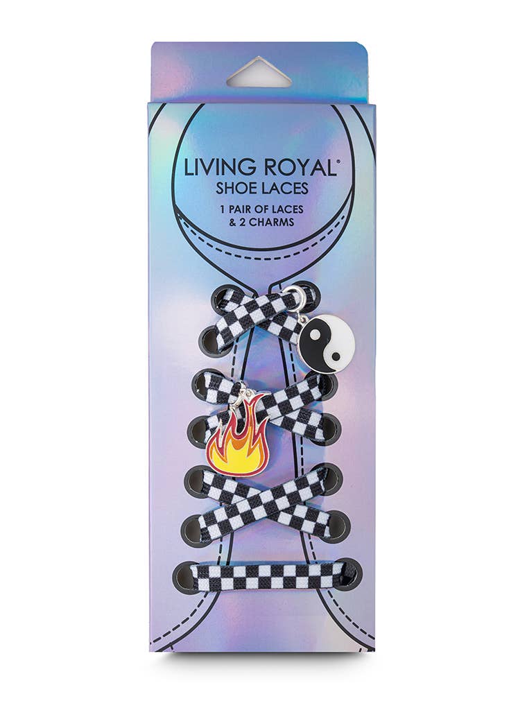 Living Royal Shoelaces w/ Charms Set - Checkered w/Yin Yang & Fire Charms