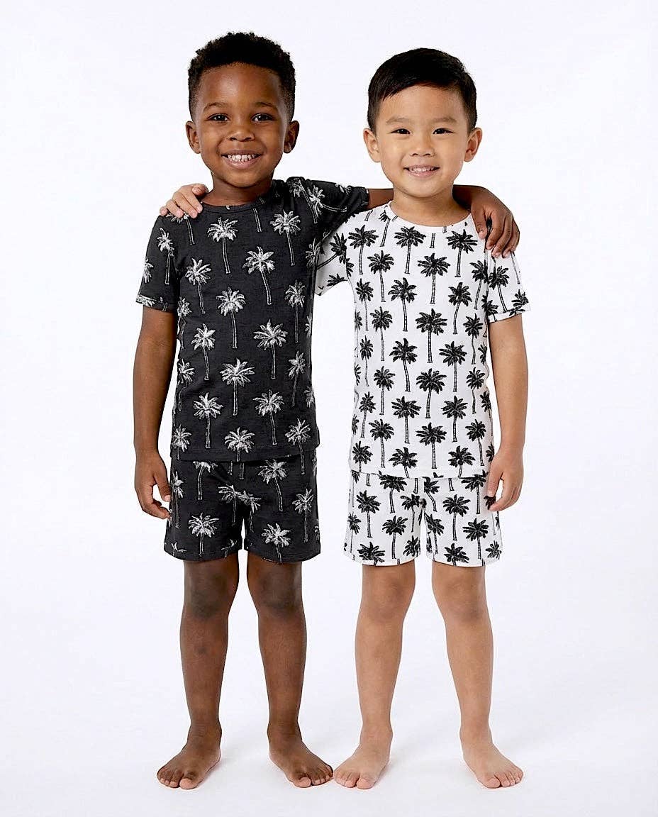 Lucky Panda Kids Bamboo Shorts PJs - Palm Style White