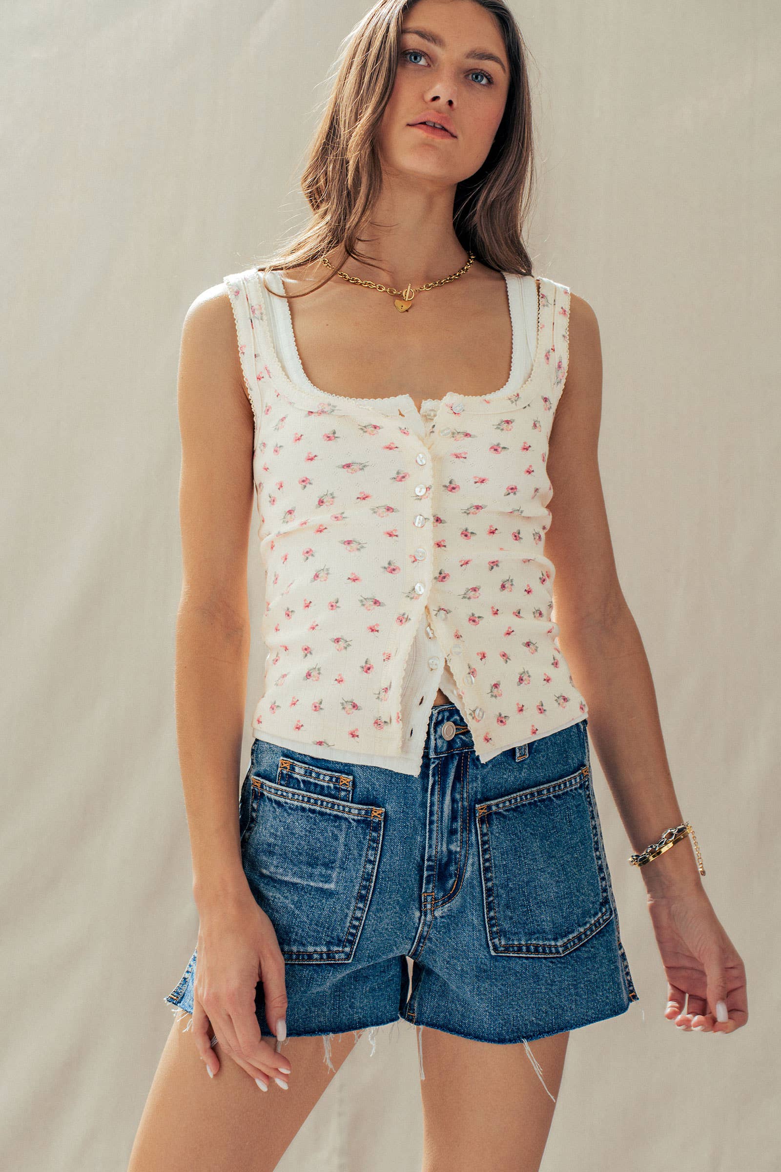 Women's Ribbed Cotton Button-Front Picot Trim Tank - Ivory Floral