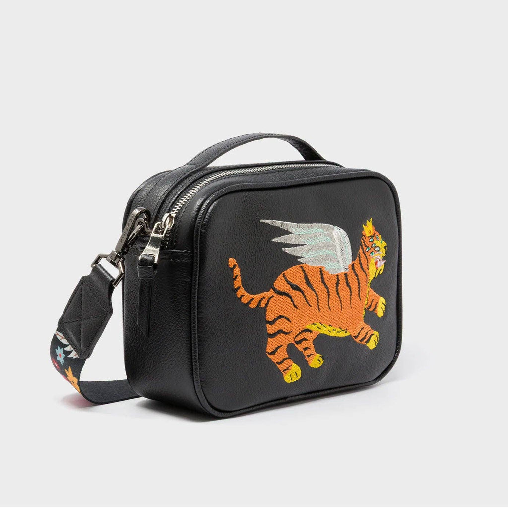 Min & Mon - Verto Black Leather Crossbody Bag - Winged Tiger Embroidery
