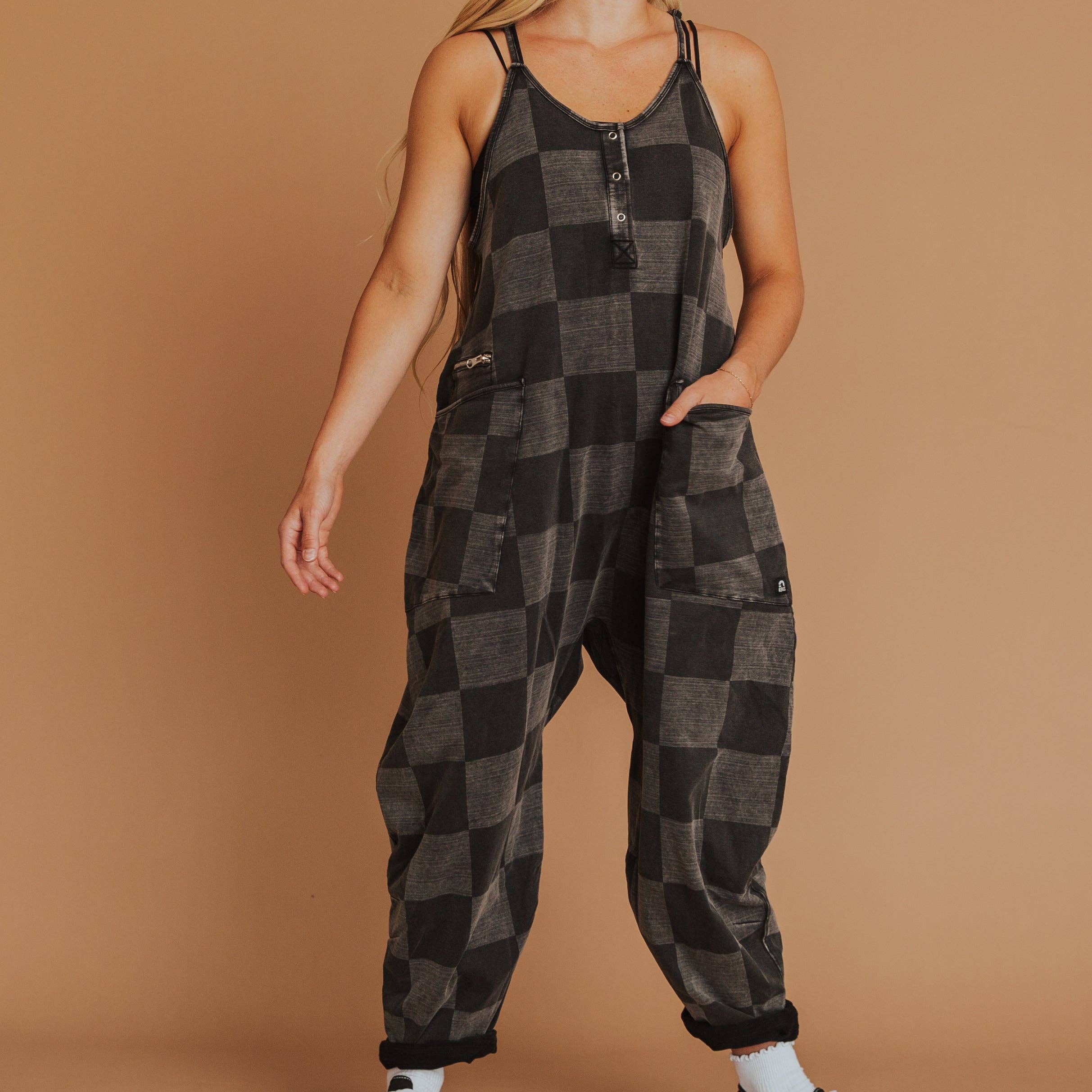 RAGS - Women's Tank Romper - Black Denim Check