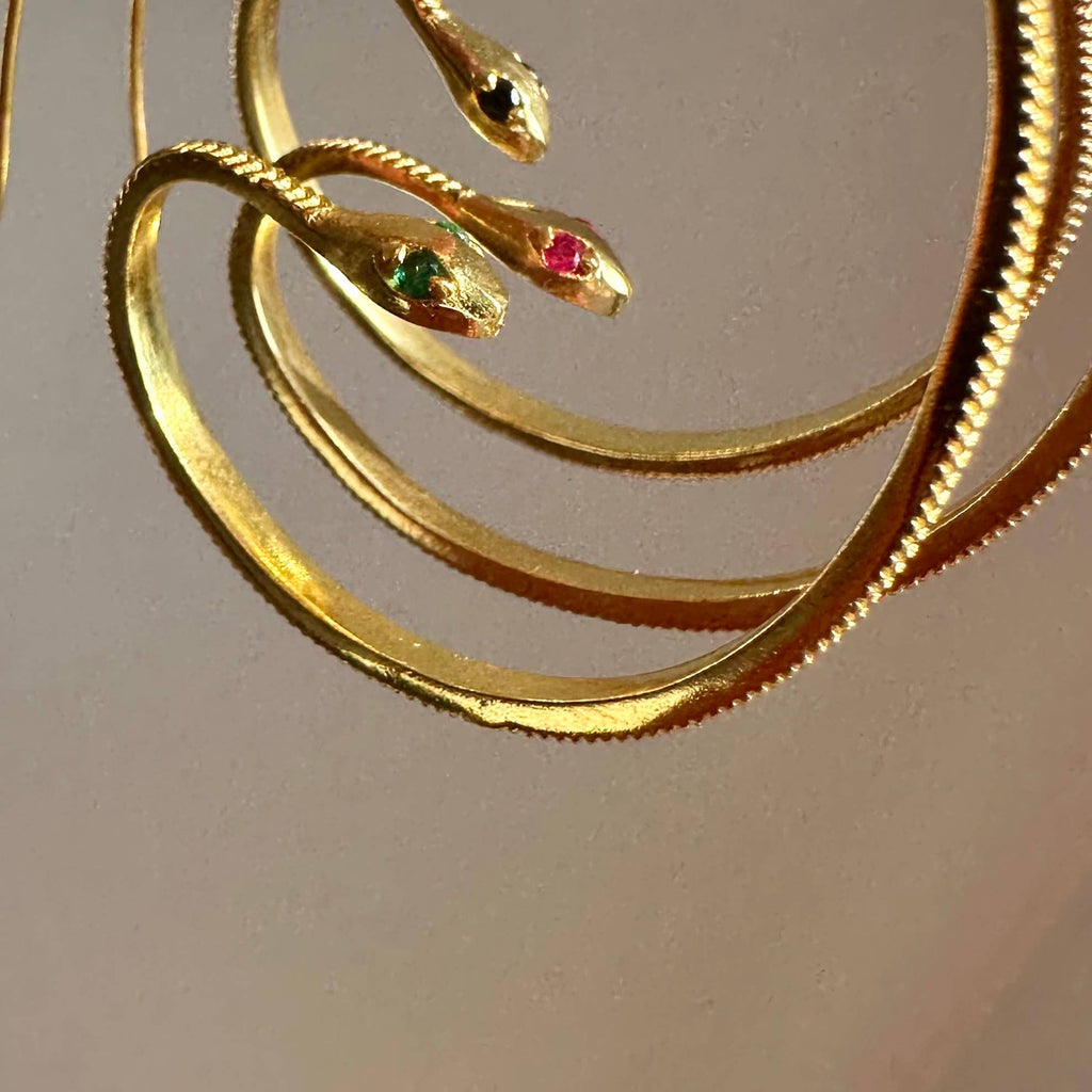 Anokhi Green Handmade Gemstone Earrings - Baby Snake Gold Plated Hoops
