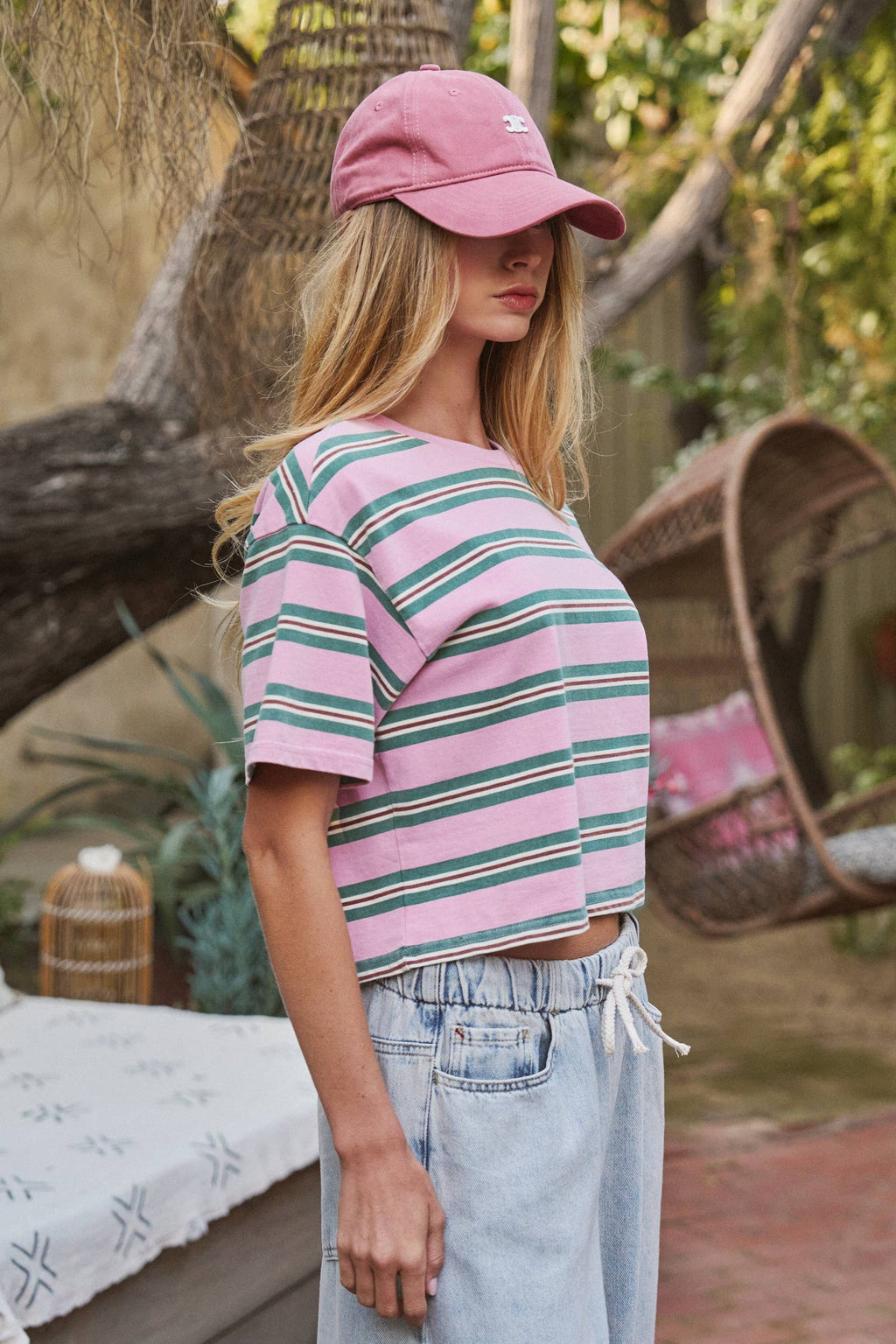 Women's Vintage Washed Striped Cotton Crop Tee - Pink/Green