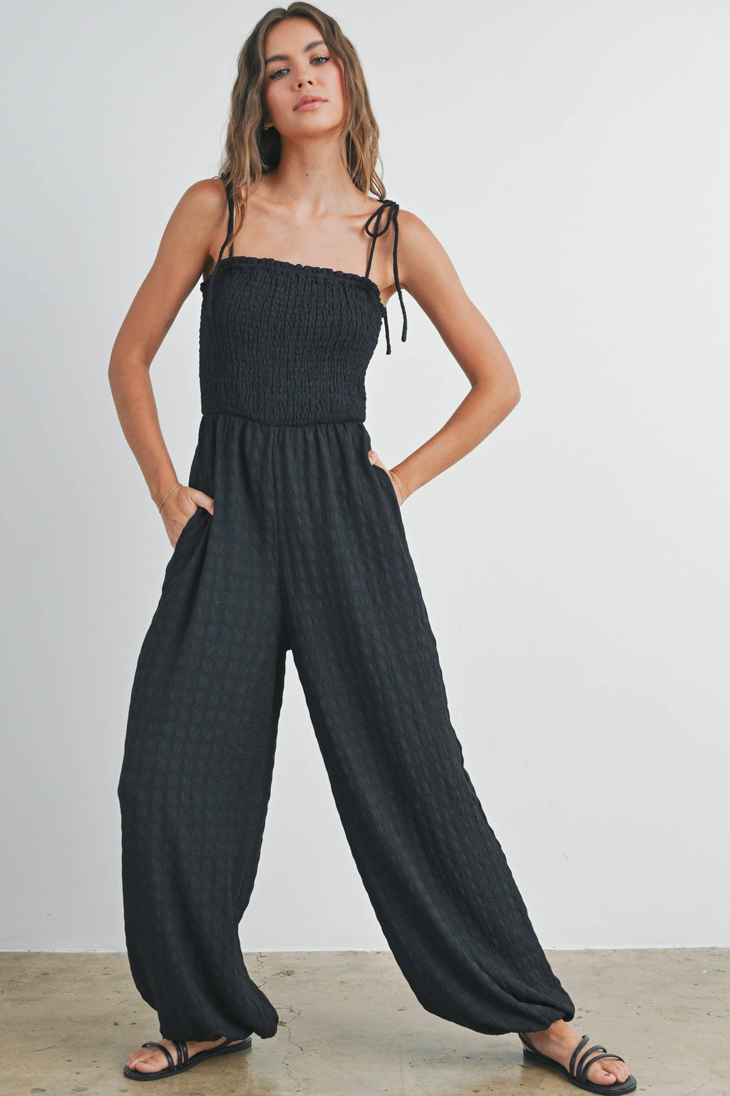Women's Textured Solid Wide Leg Jumpsuit - Black