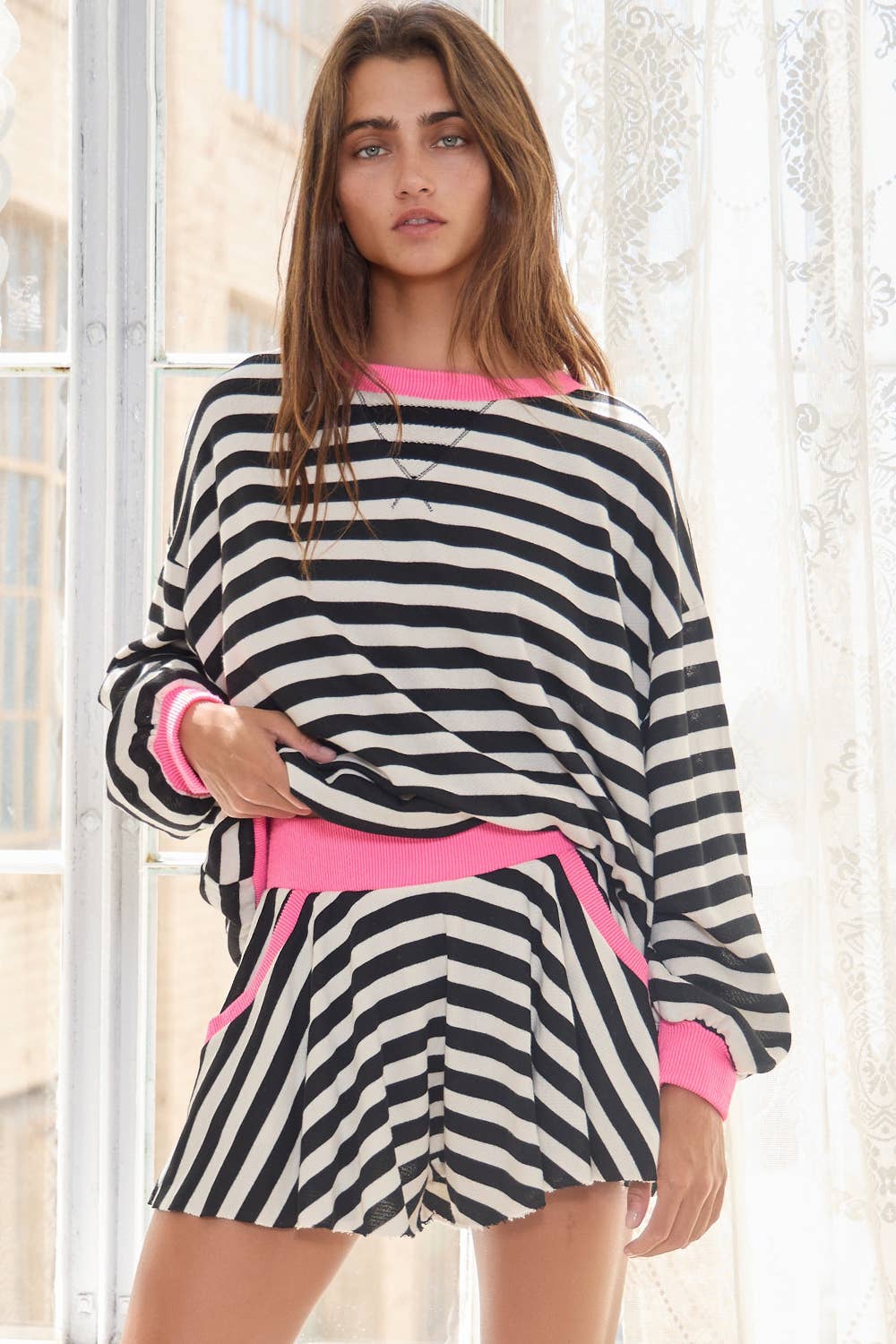Women's Striped Sweatshirt - Black & White with Pink