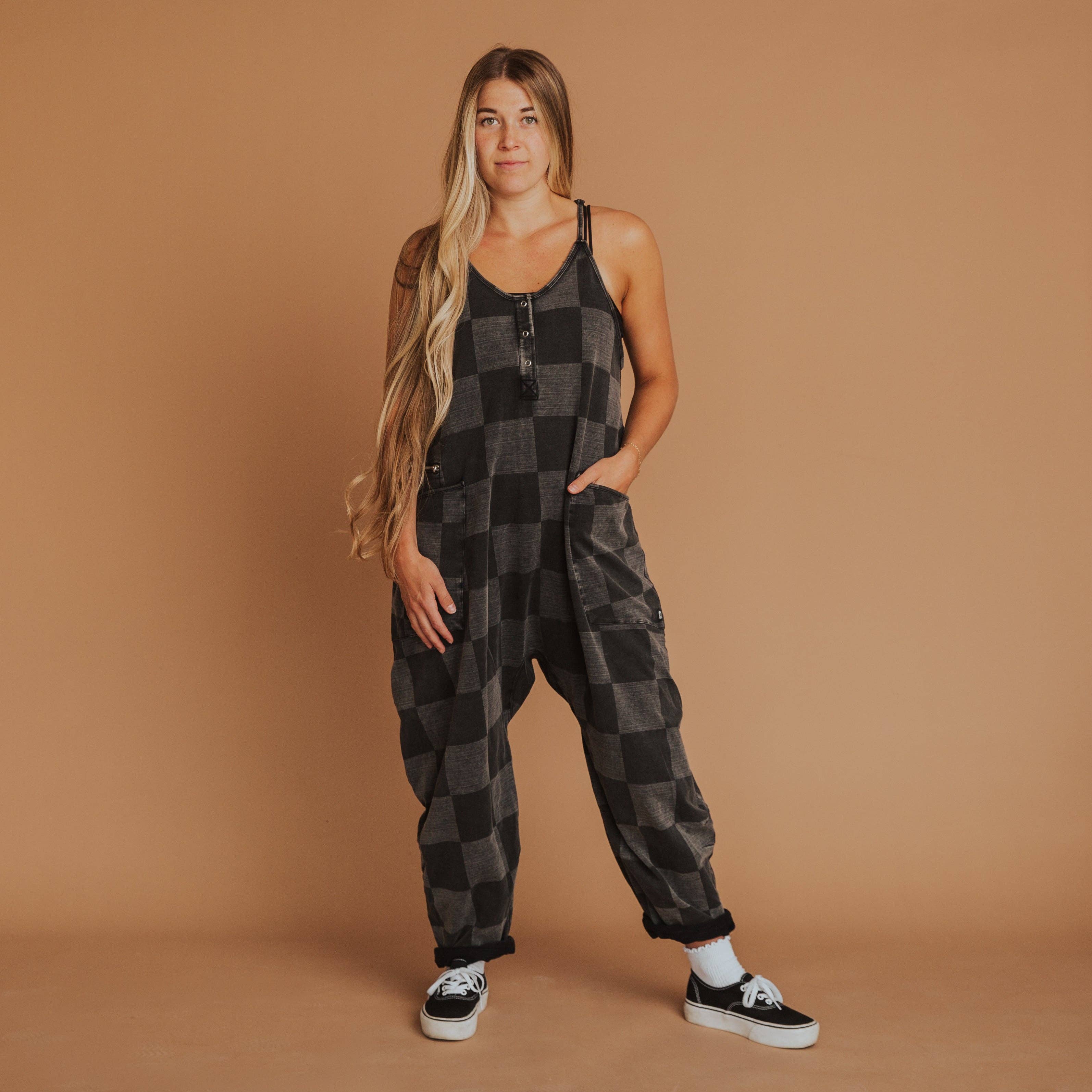 RAGS - Women's Tank Romper - Black Denim Check