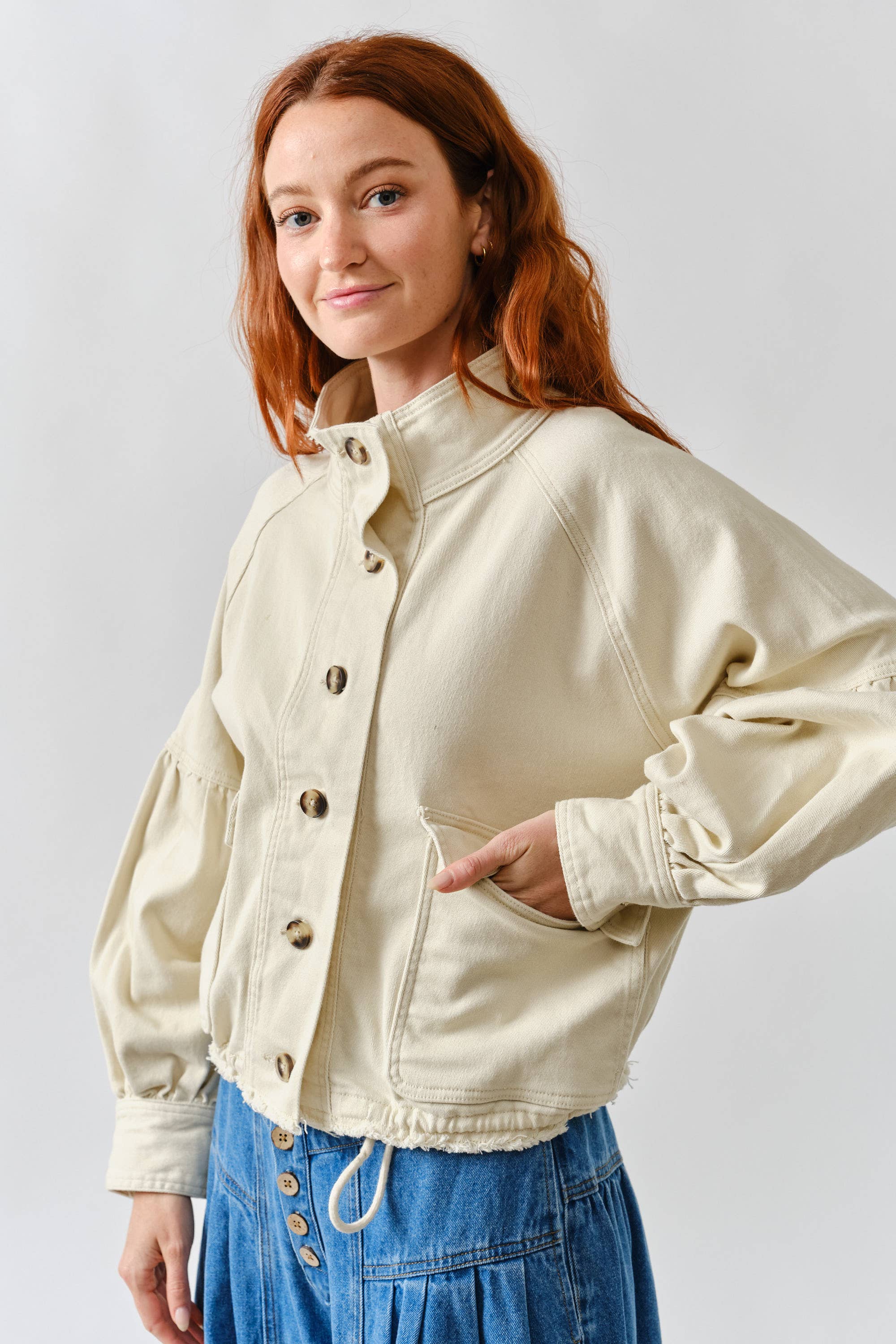 Women's Balloon Sleeve Twill Jacket - Cream