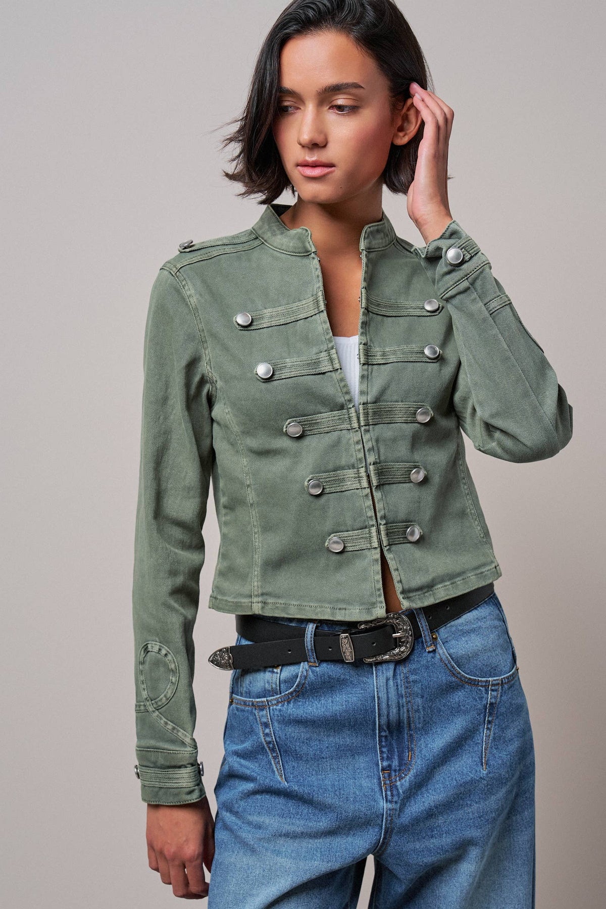 Women's Military Double-Button Stretch Cotton Jacket - Olive