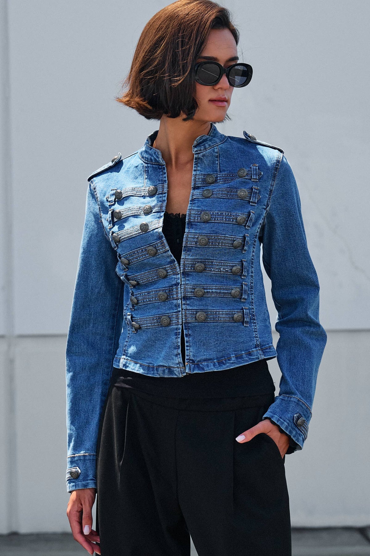 Women's Military Double-Button Denim Jean Jacket