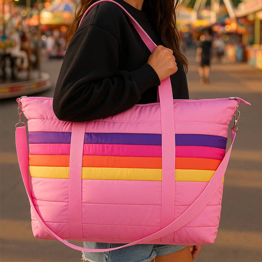 Top Trenz Inc Puffer Tote - Pink Retro Stripe