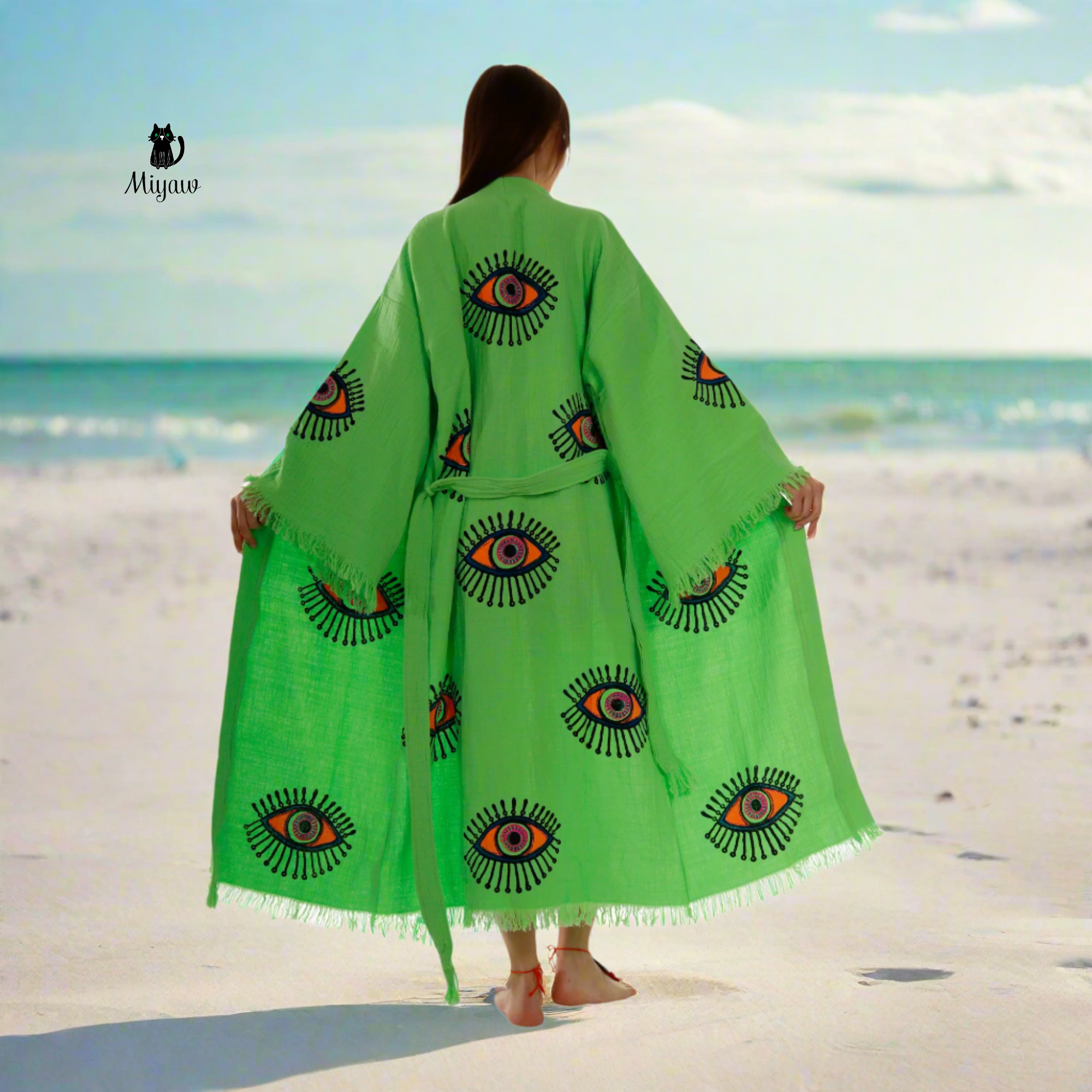 Handmade Organic Cotton Kimono Robe – Green Neon Eye
